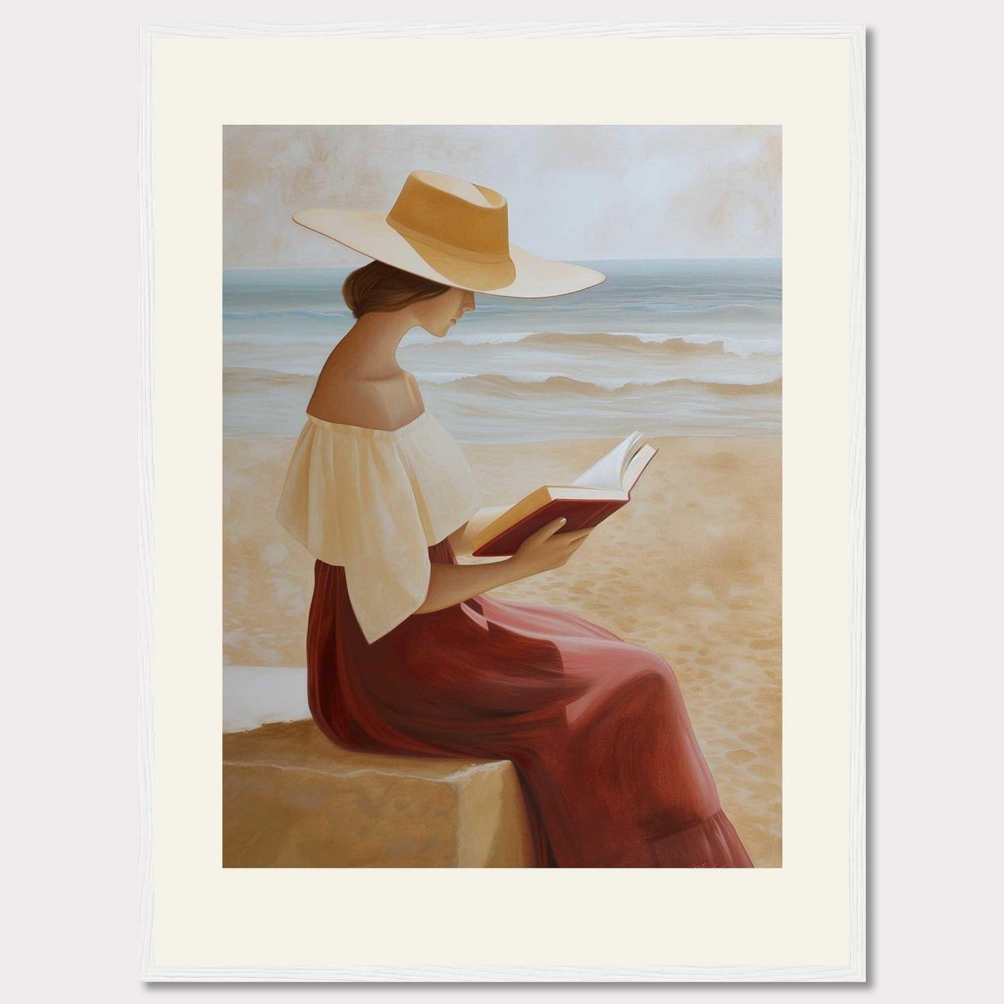 This serene painting depicts a woman sitting by the beach, engrossed in a book. She wears a wide-brimmed hat and a flowing dress, with the ocean waves gently rolling in the background.