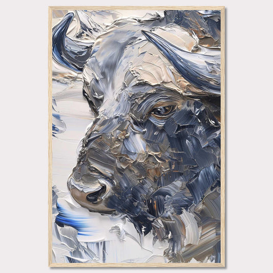 This stunning artwork captures the powerful essence of a bull through bold, textured brushstrokes. The painting's rich, earthy tones and dynamic use of color create a sense of strength and majesty.