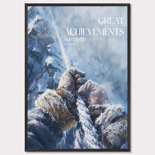 This motivational poster depicts a climber's hands gripping a rope, surrounded by a snowy and icy mountain landscape. The text on the poster reads: "GREAT ACHIEVEMENTS start with small steps."