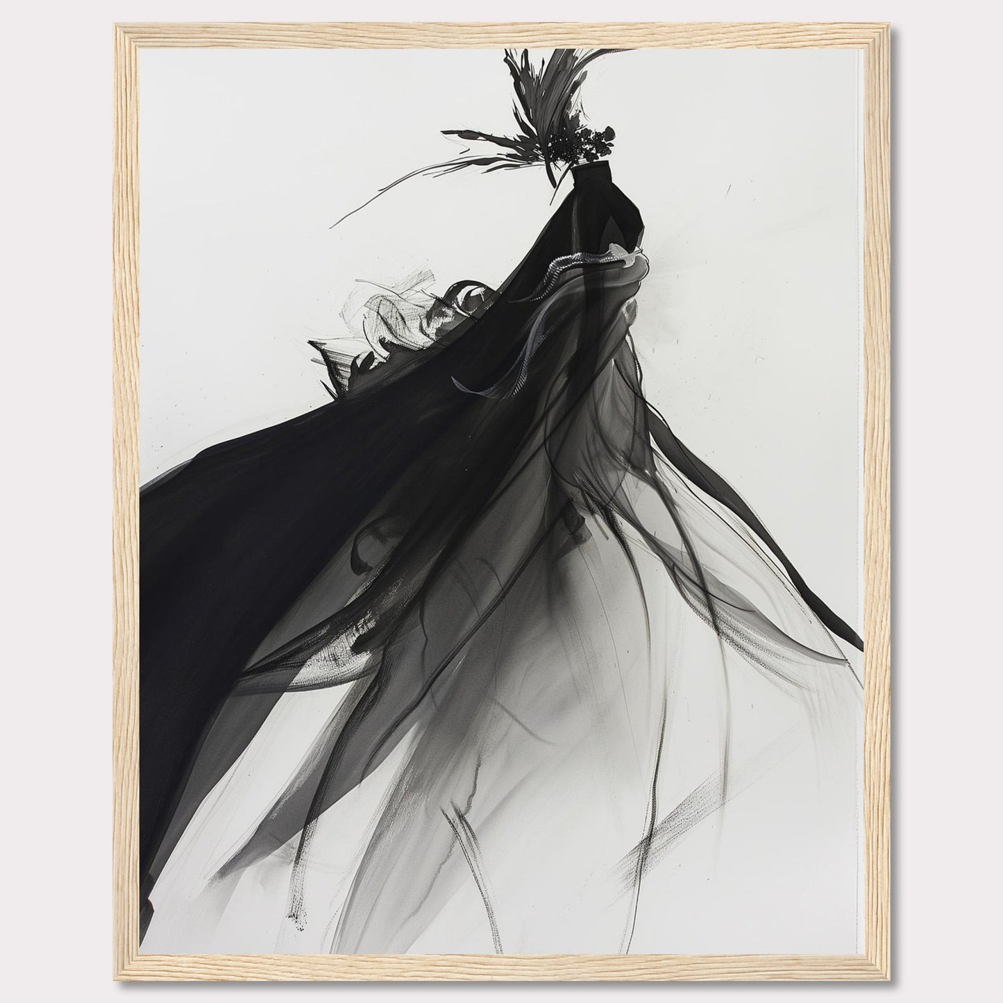 This captivating artwork features a fluid, abstract depiction of a black swan in motion, rendered in striking black and white tones. The swan is adorned with a dramatic headpiece and flowing plumage that create a sense of elegance and movement.