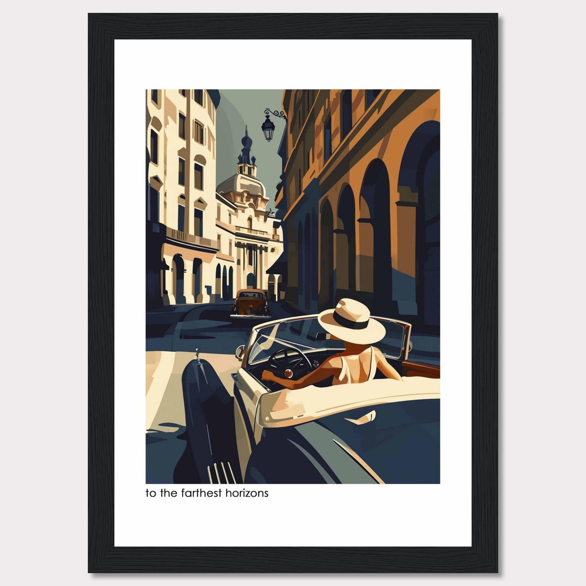 This captivating artwork depicts a stylish individual driving a vintage car through a charming, sunlit European street. The scene is filled with architectural beauty, showcasing classic buildings and a serene atmosphere.