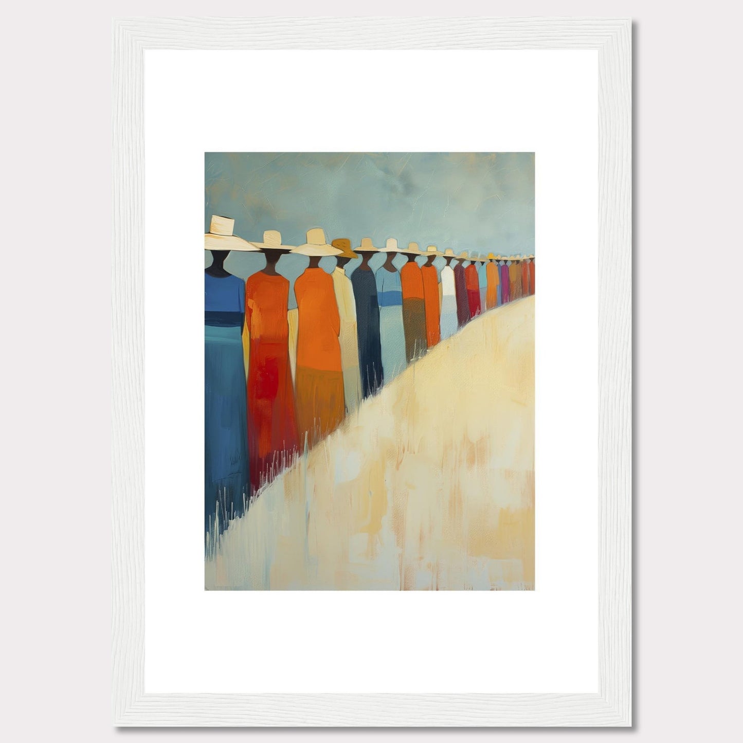 This artwork features a line of abstract figures wearing wide-brimmed hats, standing against a serene backdrop. The figures are dressed in vibrant colors, predominantly orange, blue, and white. The painting exudes a sense of unity and calmness.