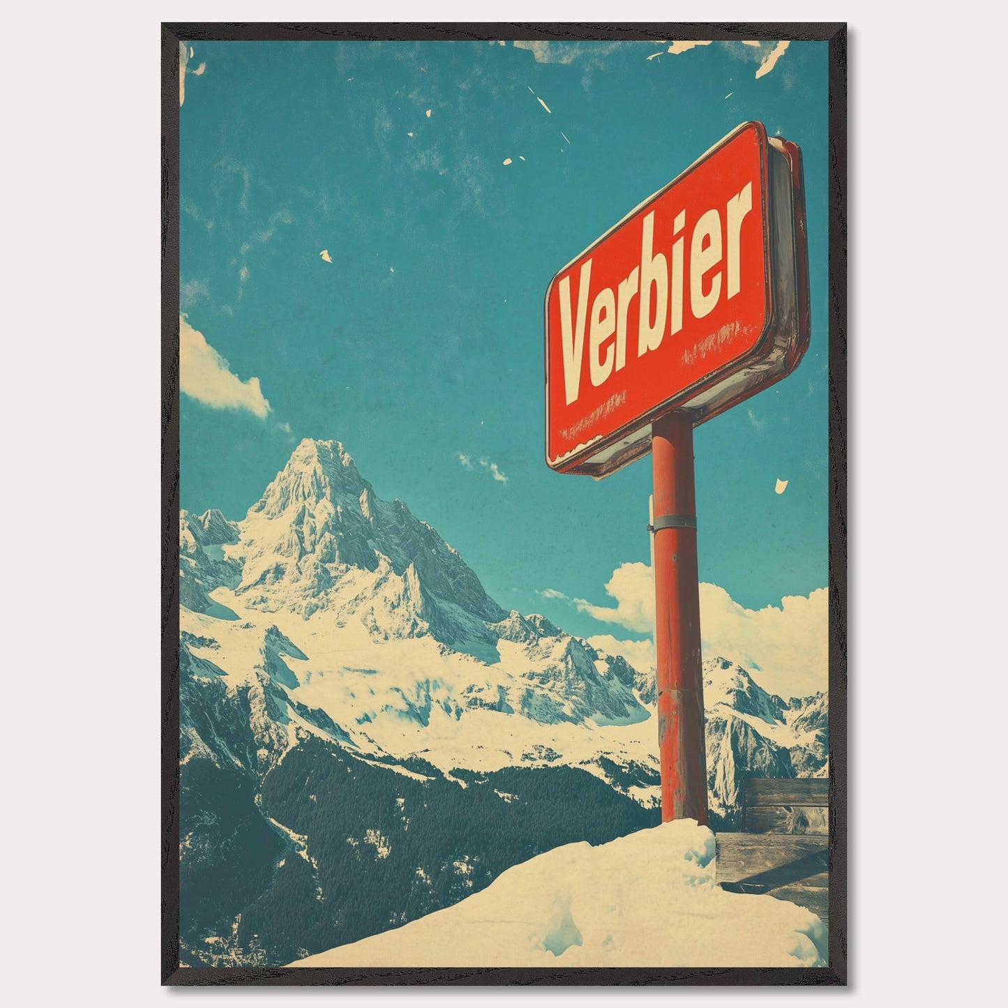 This striking retro-style poster showcases the iconic "Verbier" sign against the backdrop of towering snow-covered peaks and a bright blue sky. The rustic sign, partially worn by time, perfectly complements the expansive, untouched wilderness of the Swiss Alps. The vintage color palette and texture evoke a sense of nostalgia, capturing the allure of Verbier as a timeless destination for adventure and escape into nature’s beauty.