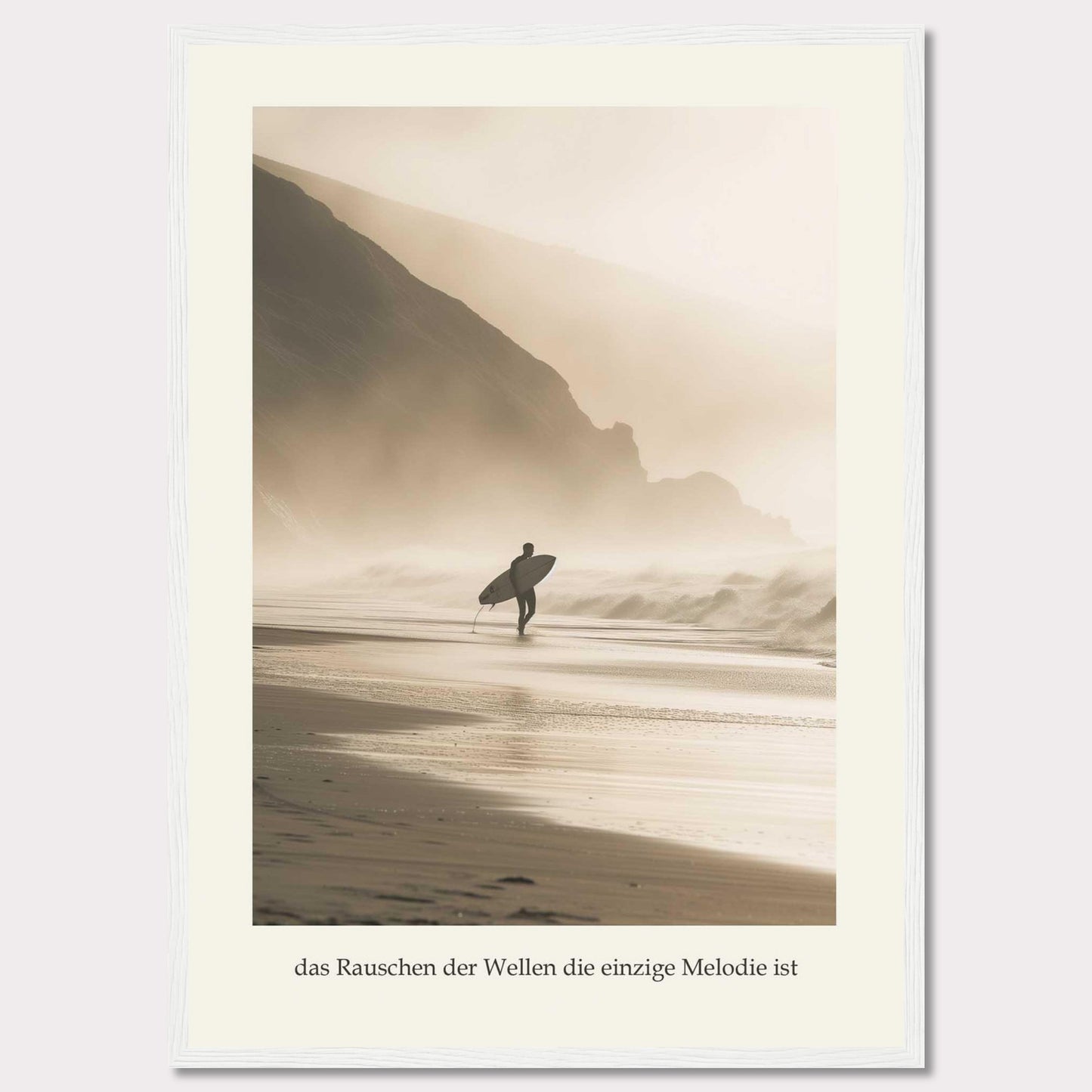 This captivating photograph captures a lone surfer walking along a misty beach, surfboard in hand, with towering cliffs in the background.