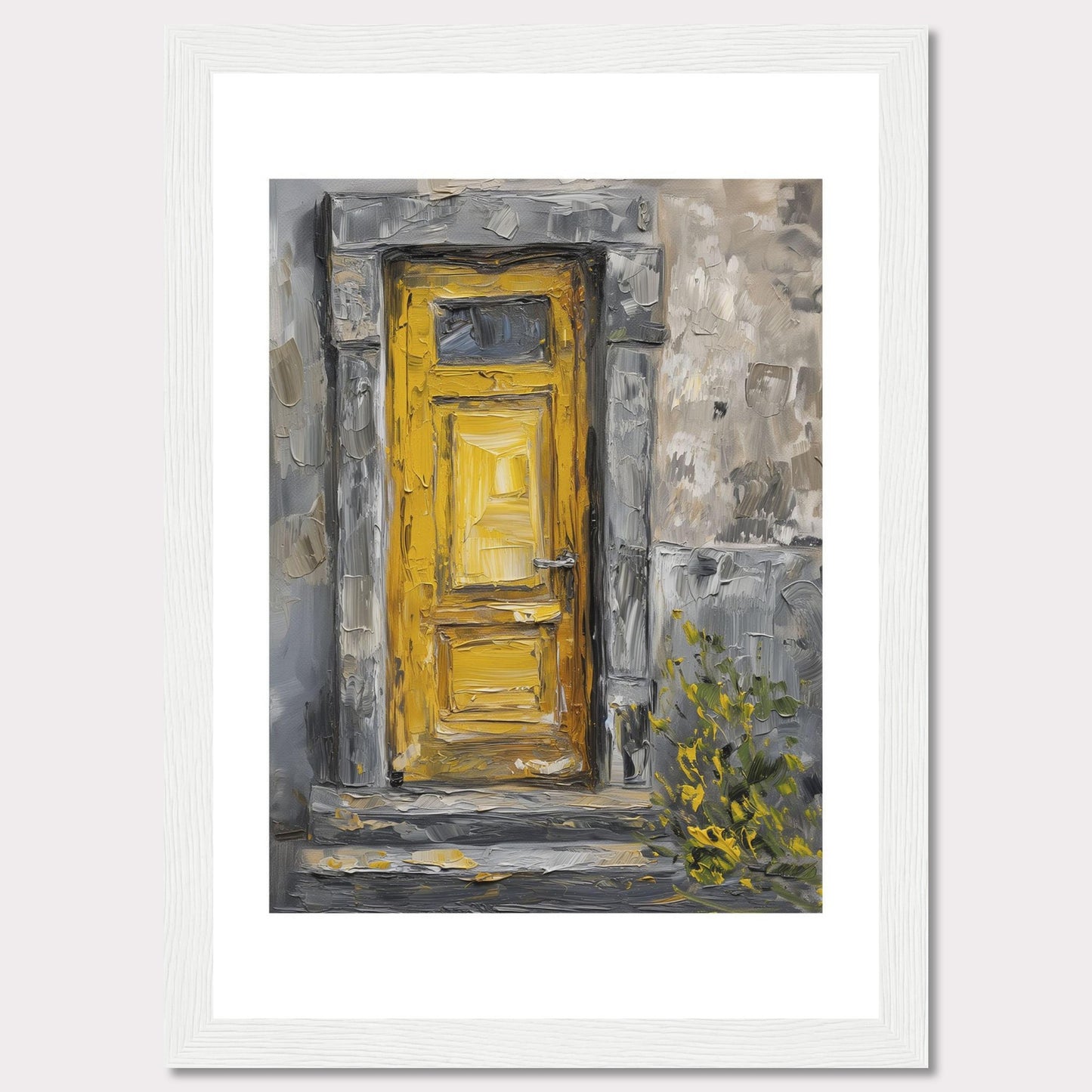 This image showcases a beautiful painting of a vibrant yellow door set within a textured, weathered stone wall. The artwork captures the rustic charm and character of an old building, with hints of greenery peeking through at the bottom right corner.