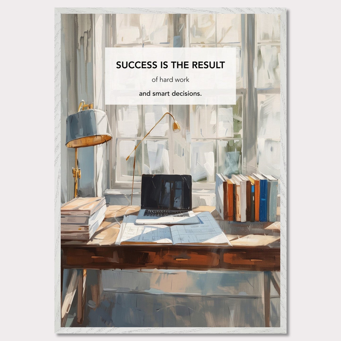 This inspiring poster showcases a serene and productive workspace bathed in natural light. The central message, "Success is the result of hard work and smart decisions," is prominently displayed.