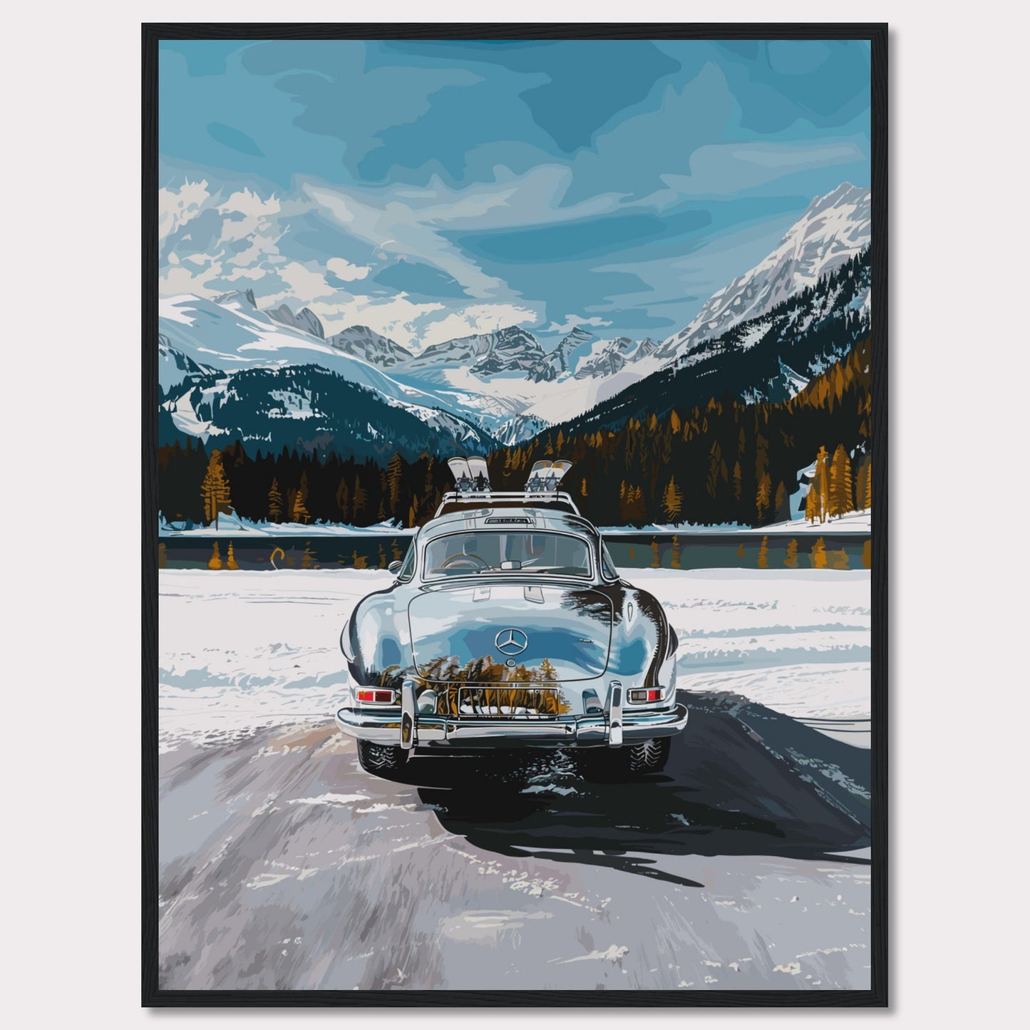 This artwork features a classic car parked on a snowy road with breathtaking snow-capped mountains and a serene lake in the background.