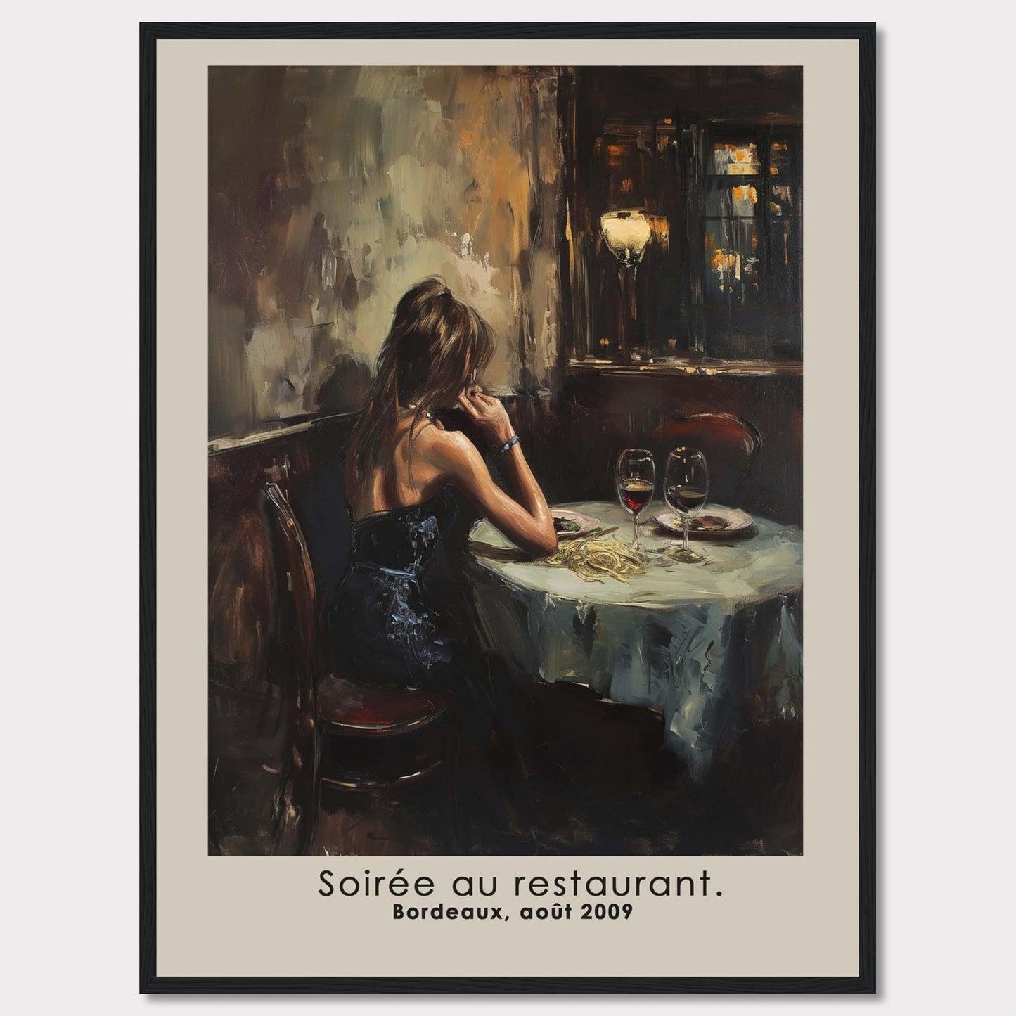 This evocative artwork captures a solitary moment in a restaurant, depicting a woman in an elegant black dress seated at a table adorned with wine glasses and a half-eaten meal. The dim, warm lighting and the reflective mood of the scene create a sense of introspection and nostalgia.