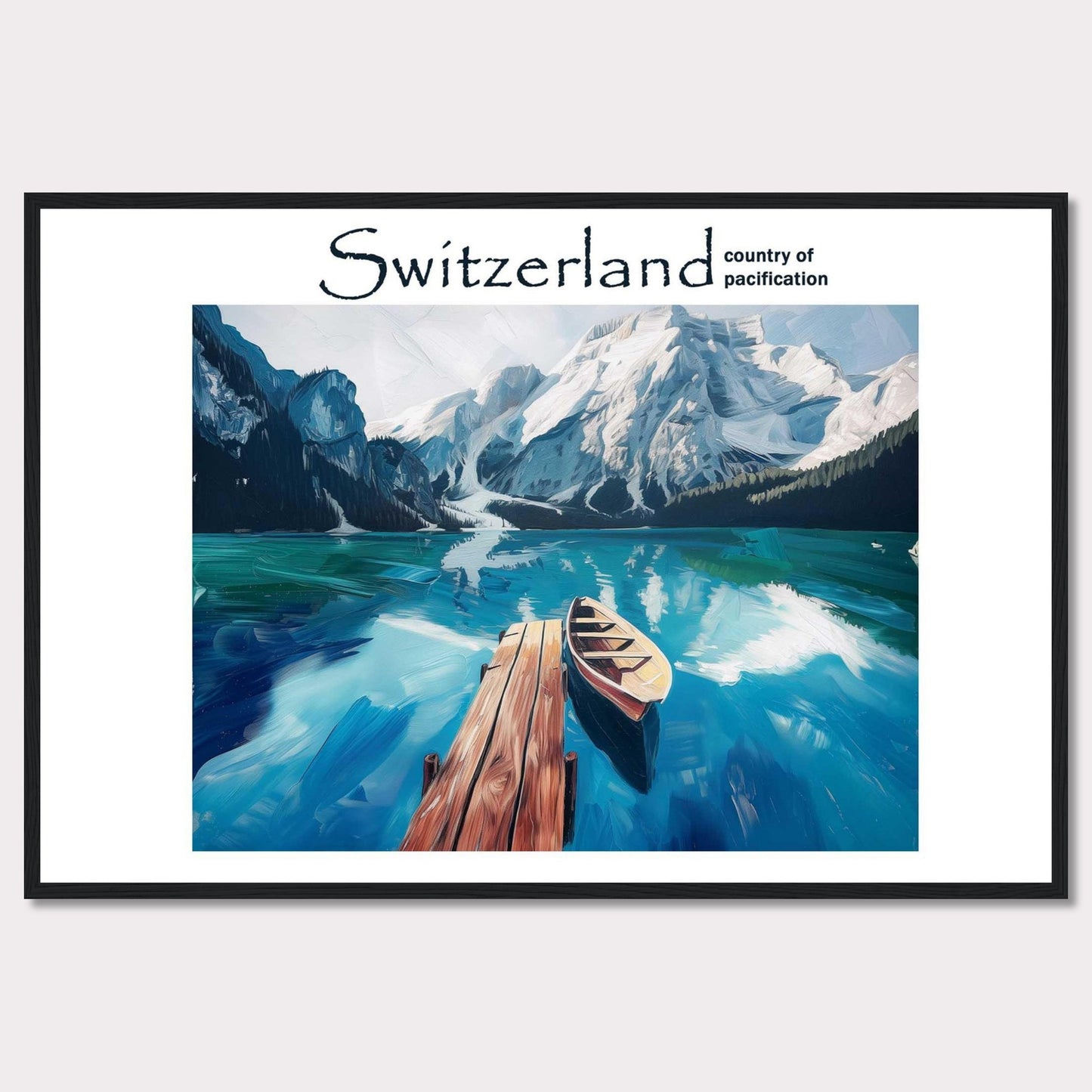 This image showcases a serene lake in Switzerland, surrounded by majestic snow-capped mountains. A wooden dock extends into the calm, reflective waters, where a lone boat is moored. The scene is tranquil and inviting, epitomizing the peacefulness of the Swiss landscape.