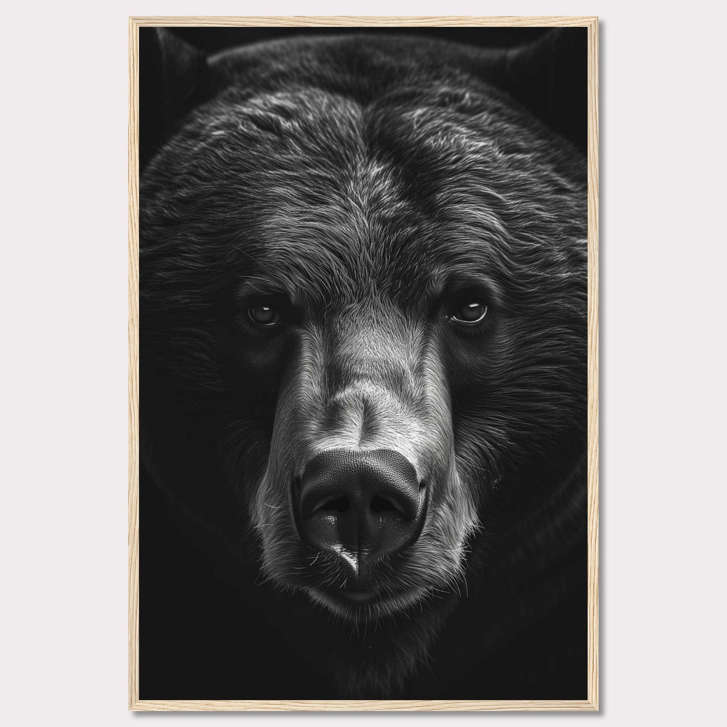 This striking black and white photograph captures the intense gaze of a bear, emphasizing its powerful presence and majestic features. The close-up shot highlights the intricate details of the bear's fur and facial structure, creating a captivating and dramatic effect.