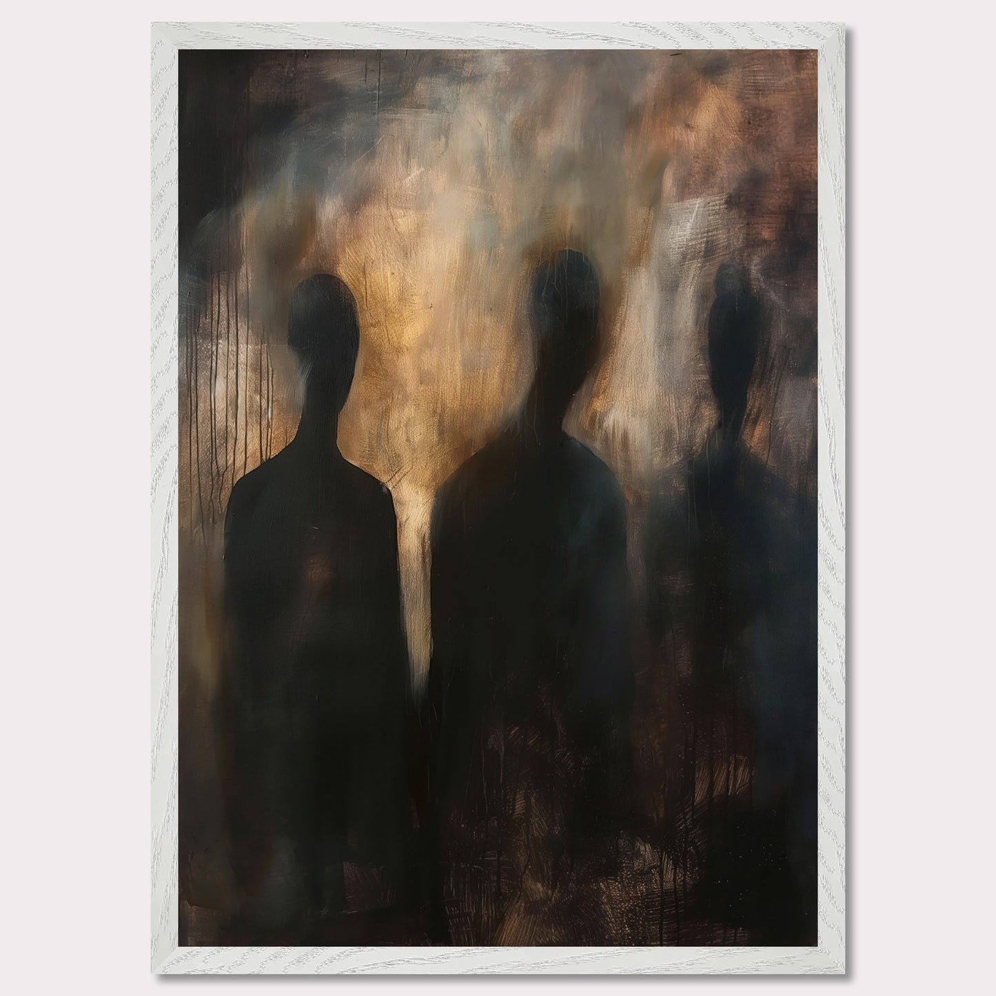 This evocative painting features three shadowy figures set against a smoky, abstract background. The use of dark and muted tones creates a mysterious and haunting atmosphere, inviting viewers to contemplate the unknown. The blending of colors and indistinct forms evoke emotions of intrigue and curiosity.