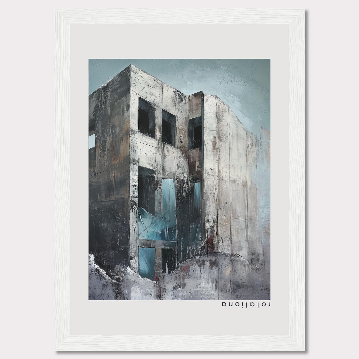 This striking artwork captures a modern, abstract building with a raw and industrial aesthetic. The painting features a weathered facade with large, dark windows, and a mix of cool and neutral tones that evoke a sense of mystery and intrigue.