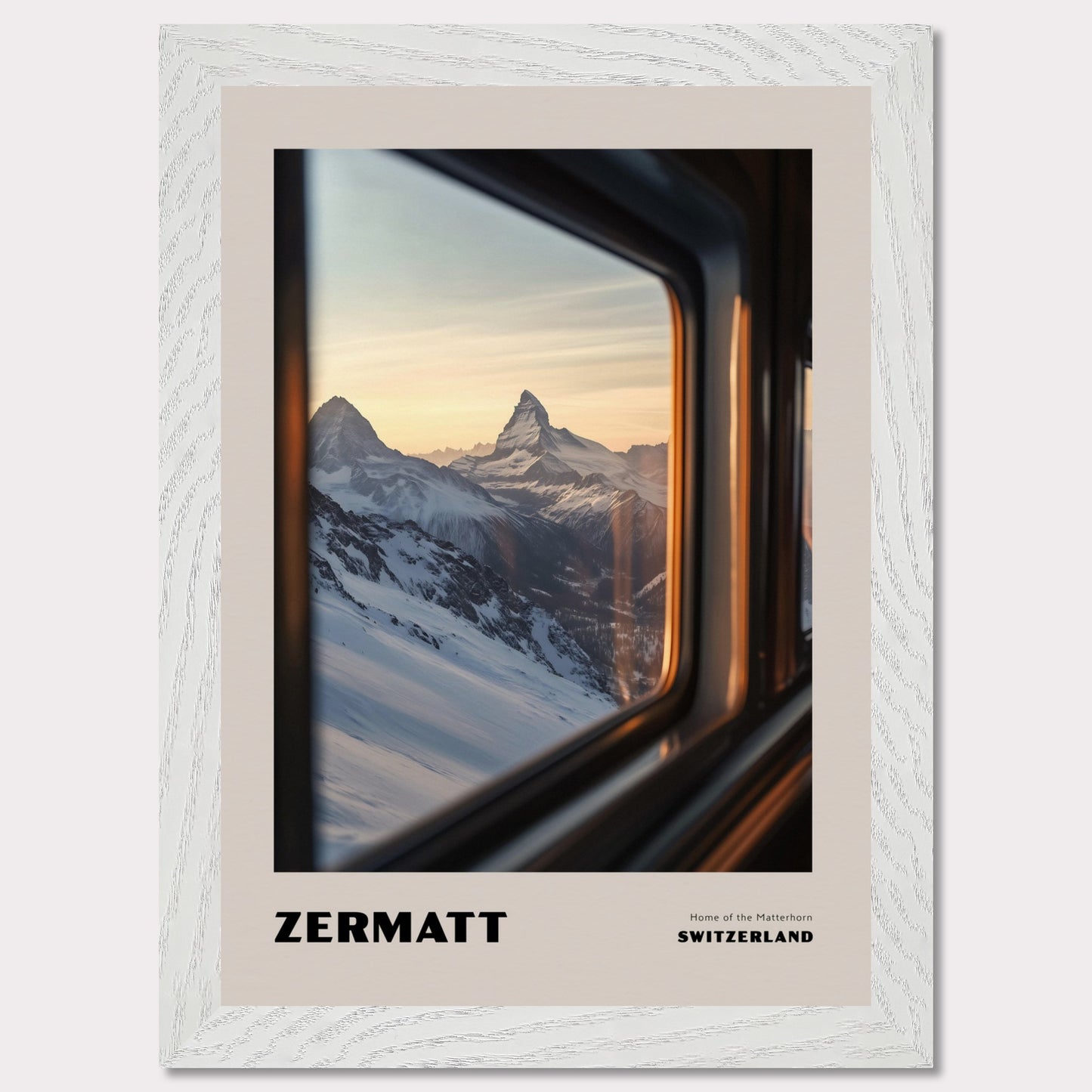 This poster features one of Switzerland’s most iconic symbols – the Matterhorn, proudly rising above the snowy slopes. The view from a train or gondola window creates a travel-like experience, while the soft sunset light adds an enchanting glow to the scenery.