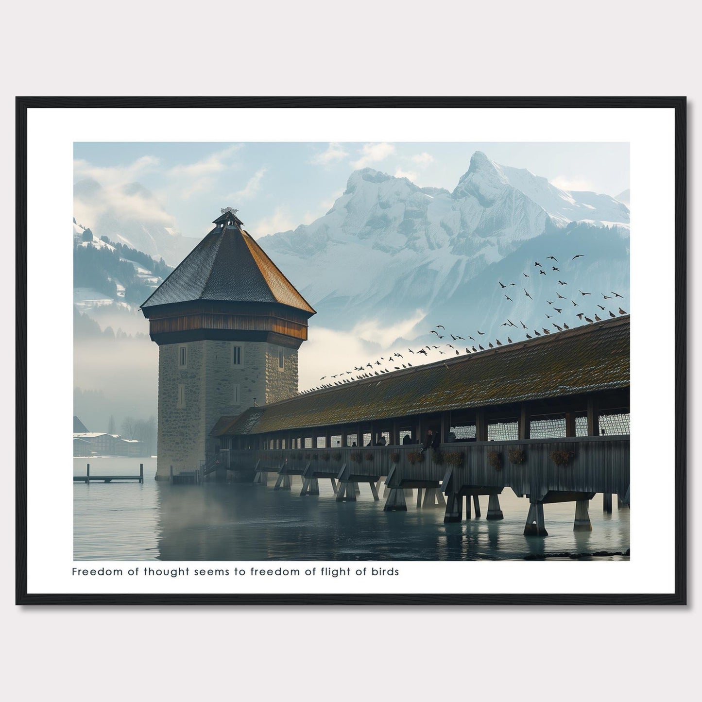 This captivating photo showcases a serene scene featuring a historic tower and a covered wooden bridge over calm waters, with majestic snow-capped mountains in the background. A flock of birds is seen soaring freely in the sky, adding a sense of movement and freedom to the tranquil setting.