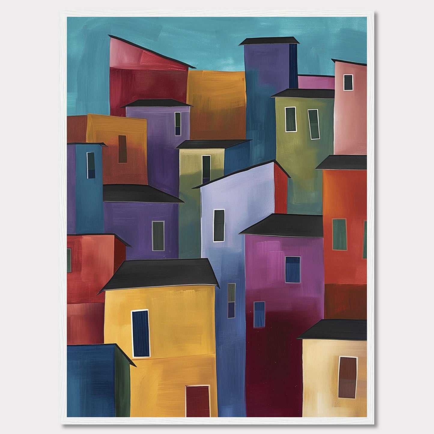 This vibrant painting features a colorful array of abstract buildings, each with unique hues and shapes, set against a serene blue sky. The bold use of colors and geometric forms creates a lively and dynamic cityscape.