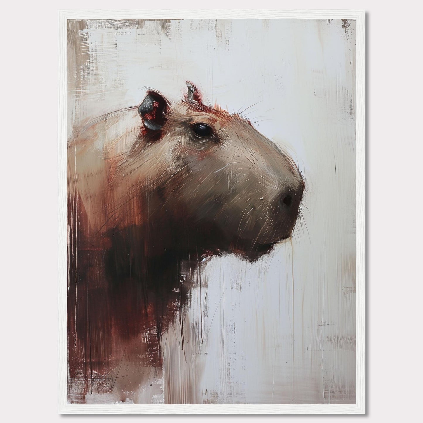 This image showcases a striking painting of a capybara, rendered in a modern, abstract style. The artwork features bold brush strokes and a muted color palette, with the capybara's head turned slightly to the side.