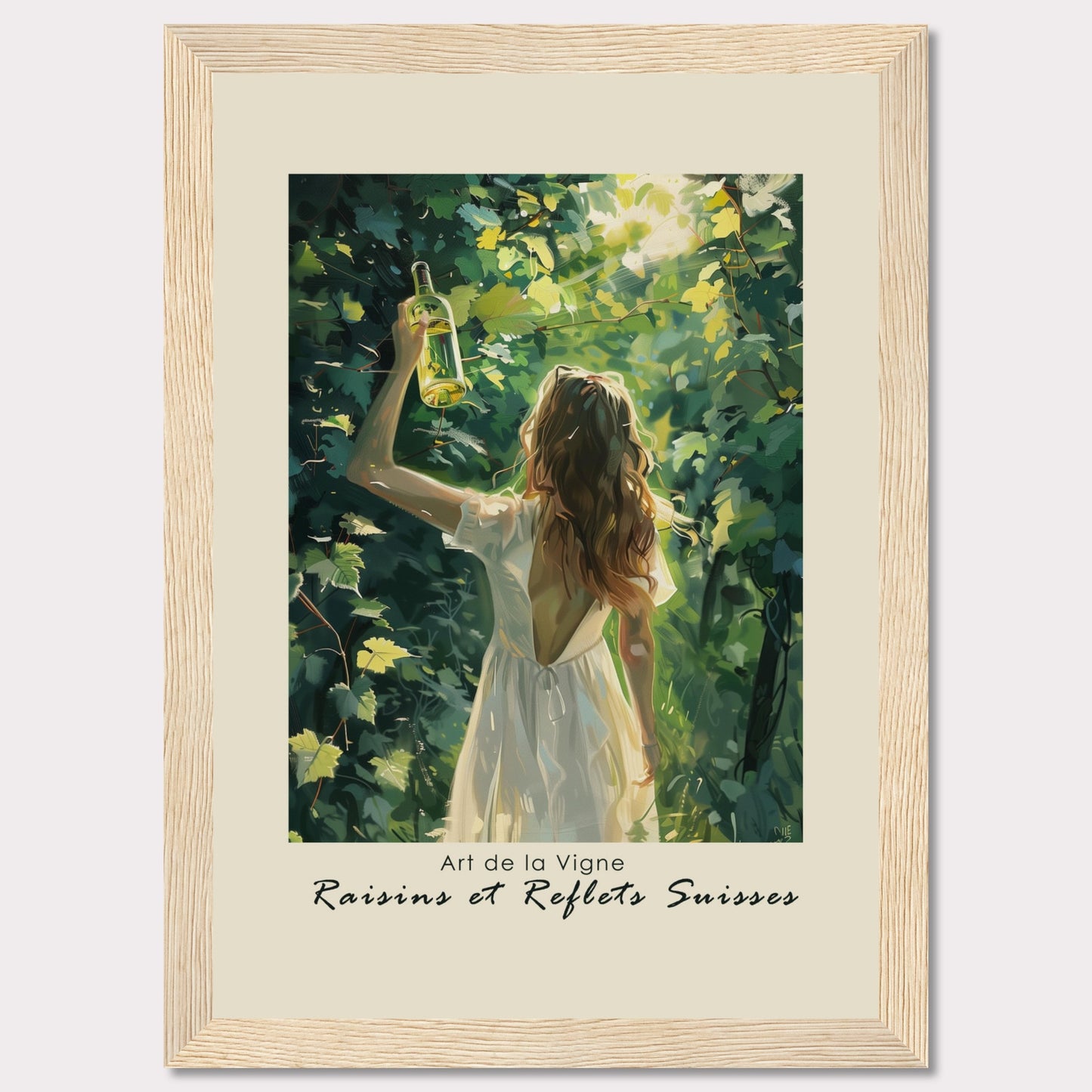 This captivating artwork titled "Art de la Vigne" showcases a woman in a white dress holding up a bottle of wine amidst lush green vines, with sunlight filtering through the leaves. The scene exudes a sense of tranquility and connection with nature.