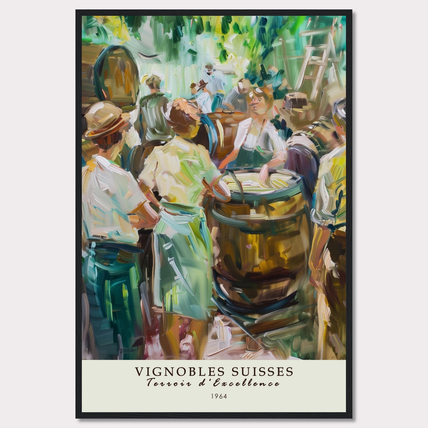 This vibrant painting captures a lively scene of people gathered around wine barrels, reflecting the rich tradition of Swiss vineyards.