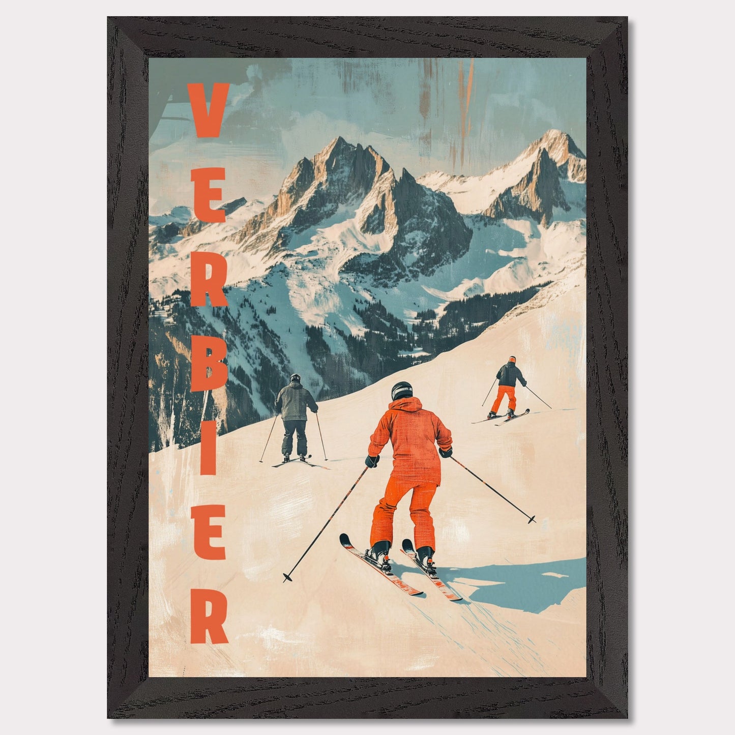 This retro-inspired poster vividly captures the exhilarating spirit of skiing in Verbier. A group of skiers clad in bold orange descends a pristine alpine slope, set against the majestic backdrop of rugged, snow-covered peaks. The textured vintage art style and muted color palette evoke nostalgia while celebrating the dynamic energy of winter sports.