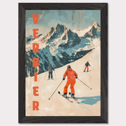 This retro-inspired poster vividly captures the exhilarating spirit of skiing in Verbier. A group of skiers clad in bold orange descends a pristine alpine slope, set against the majestic backdrop of rugged, snow-covered peaks. The textured vintage art style and muted color palette evoke nostalgia while celebrating the dynamic energy of winter sports.