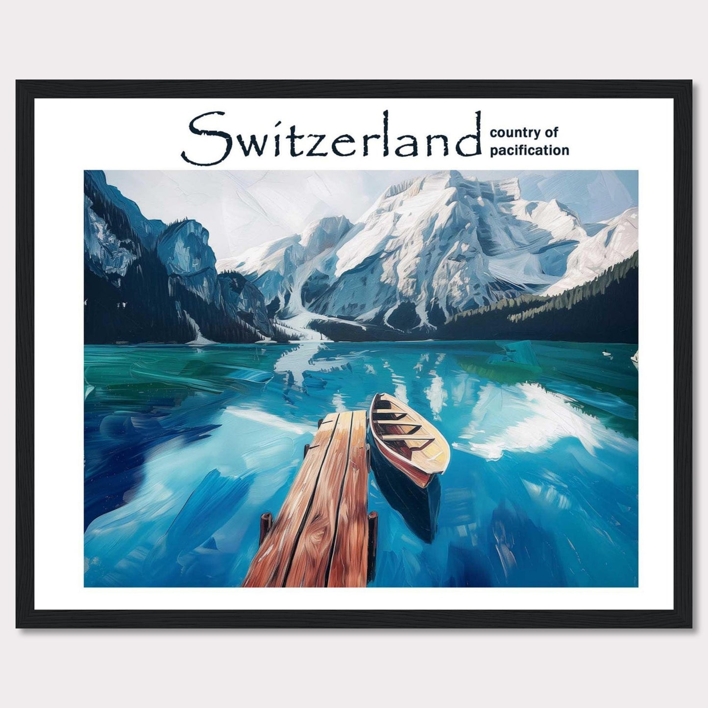 This image showcases a serene lake in Switzerland, surrounded by majestic snow-capped mountains. A wooden dock extends into the calm, reflective waters, where a lone boat is moored. The scene is tranquil and inviting, epitomizing the peacefulness of the Swiss landscape.