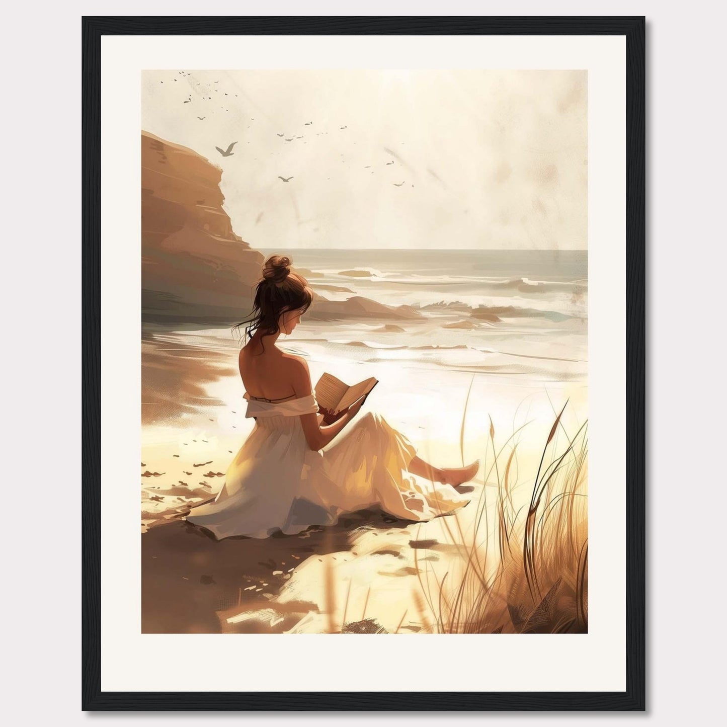 This serene artwork depicts a woman in a white dress sitting on a sandy beach, engrossed in a book. The sun casts a warm golden glow over the scene, enhancing the tranquil atmosphere. In the background, waves gently crash against the shore, and birds soar in the sky.