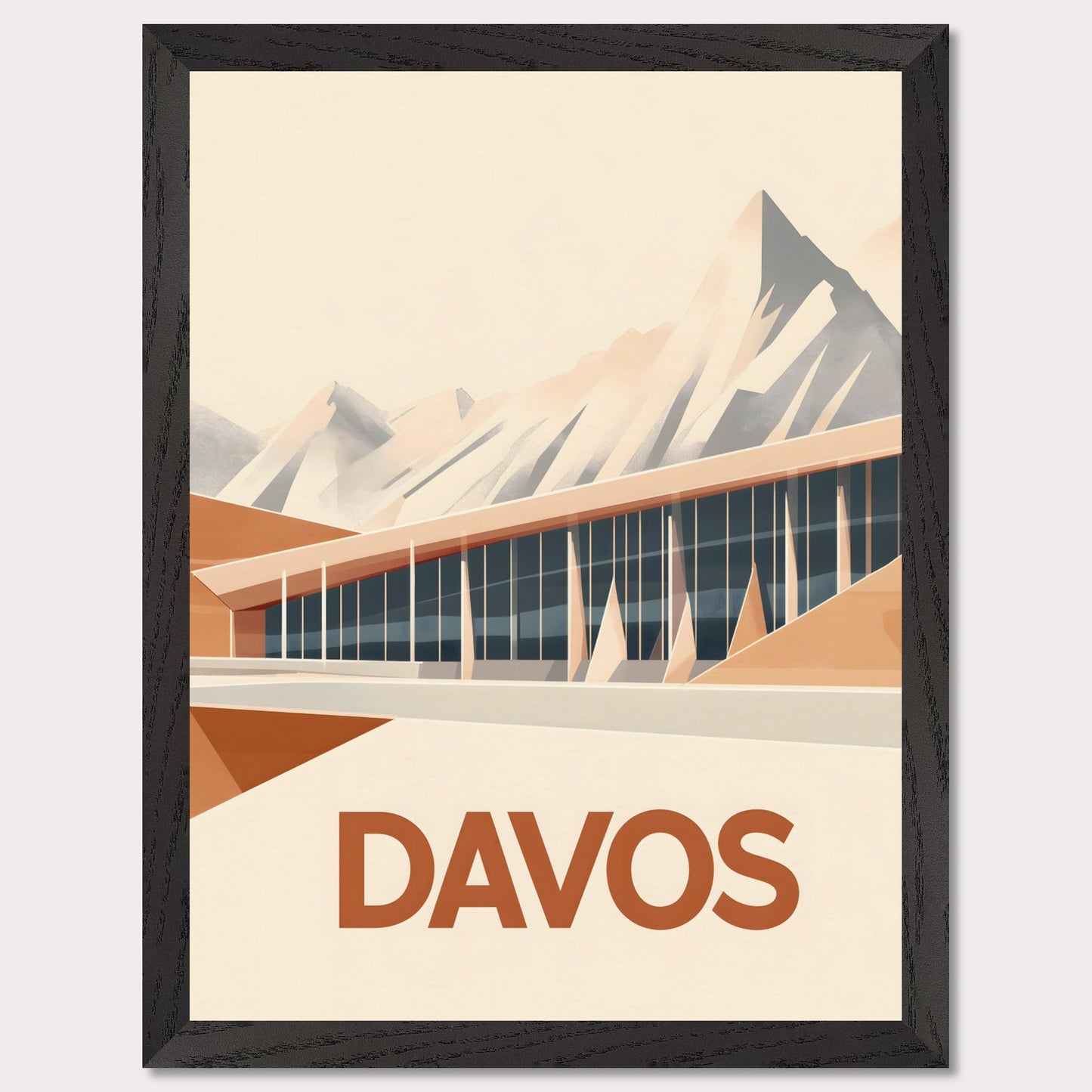 An artistic depiction of Davos, where a contemporary structure stretches along the base of snow-covered peaks. The smooth design of the building complements the sharp mountain ridges, creating a stunning contrast.