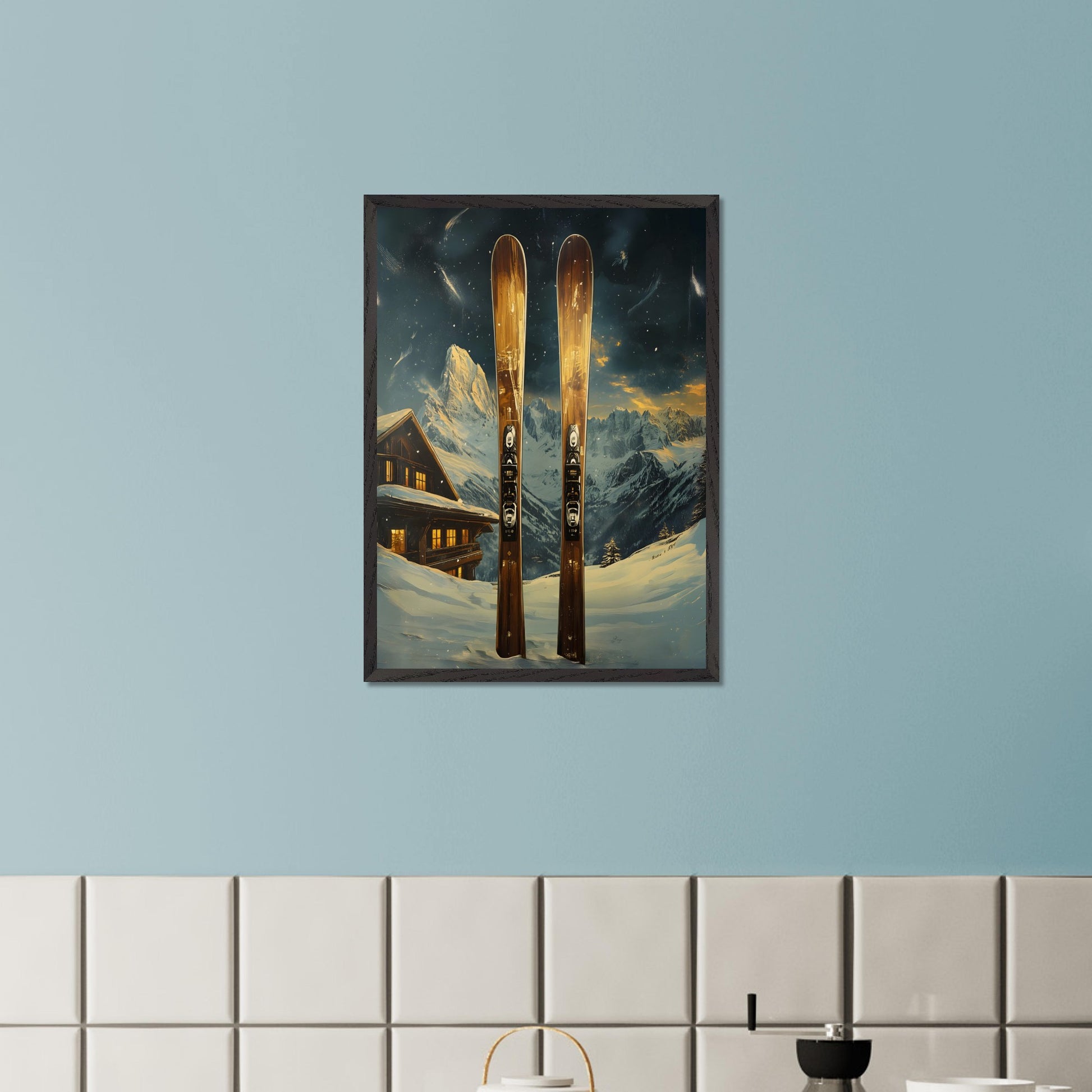 This dynamic poster showcases the exhilaration of a high-speed skiing adventure. Featuring a skier soaring off a powdery jump with a stunning panoramic view of rugged mountain ranges, it encapsulates the spirit of daring exploration and freedom. The vibrant energy of the scene is infectious.