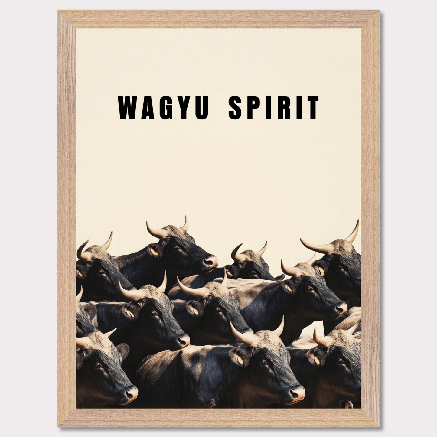 This illustration shows a group of black cattle with horns, set against a light background. The text "WAGYU SPIRIT" is prominently displayed at the top.

This poster will fit well in a kitchen, dining area, restaurant, or any space related to food and culinary arts.