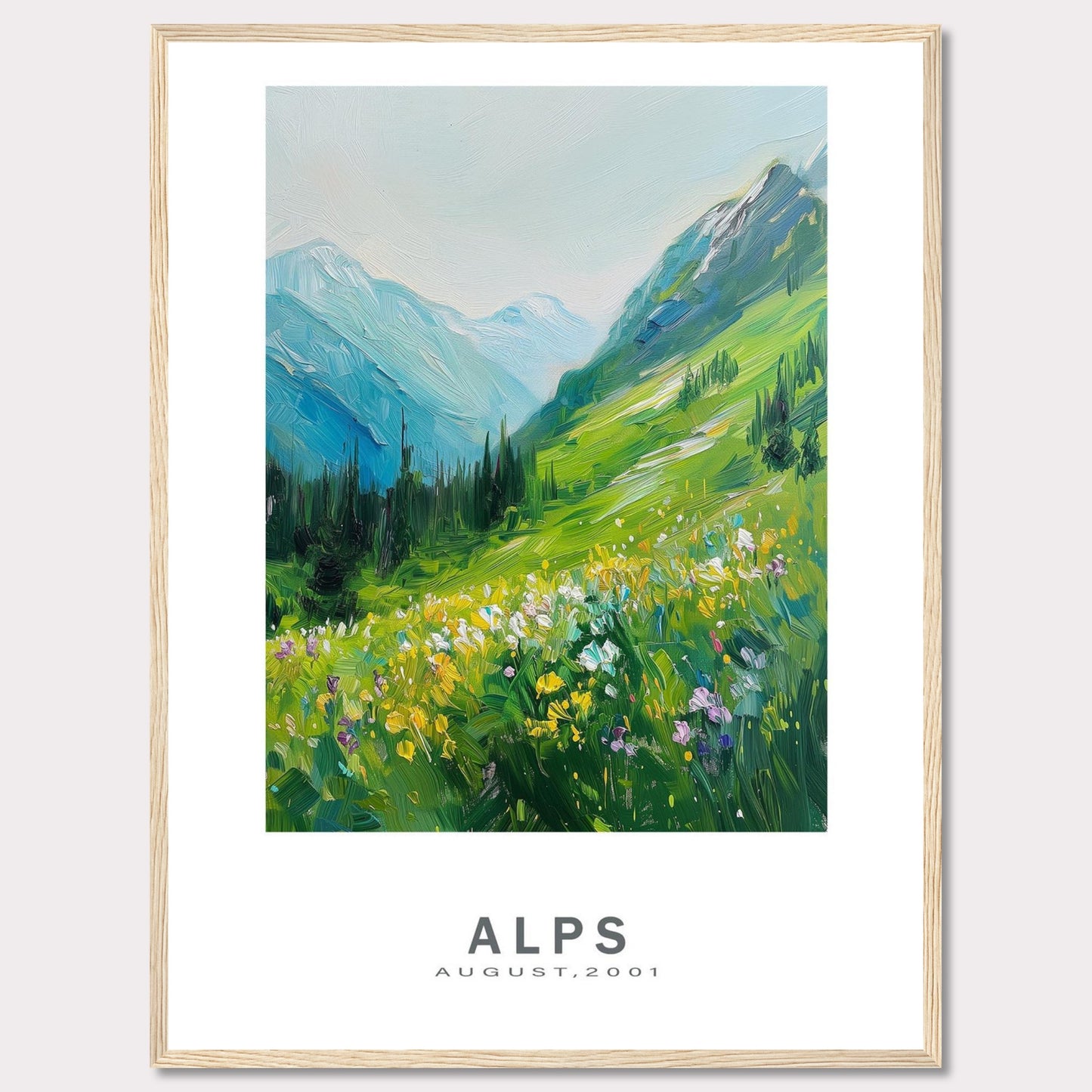 This beautiful framed artwork captures a vibrant and serene landscape of the Alps in August 2001. The painting showcases lush green mountains, colorful wildflowers, and a tranquil sky.