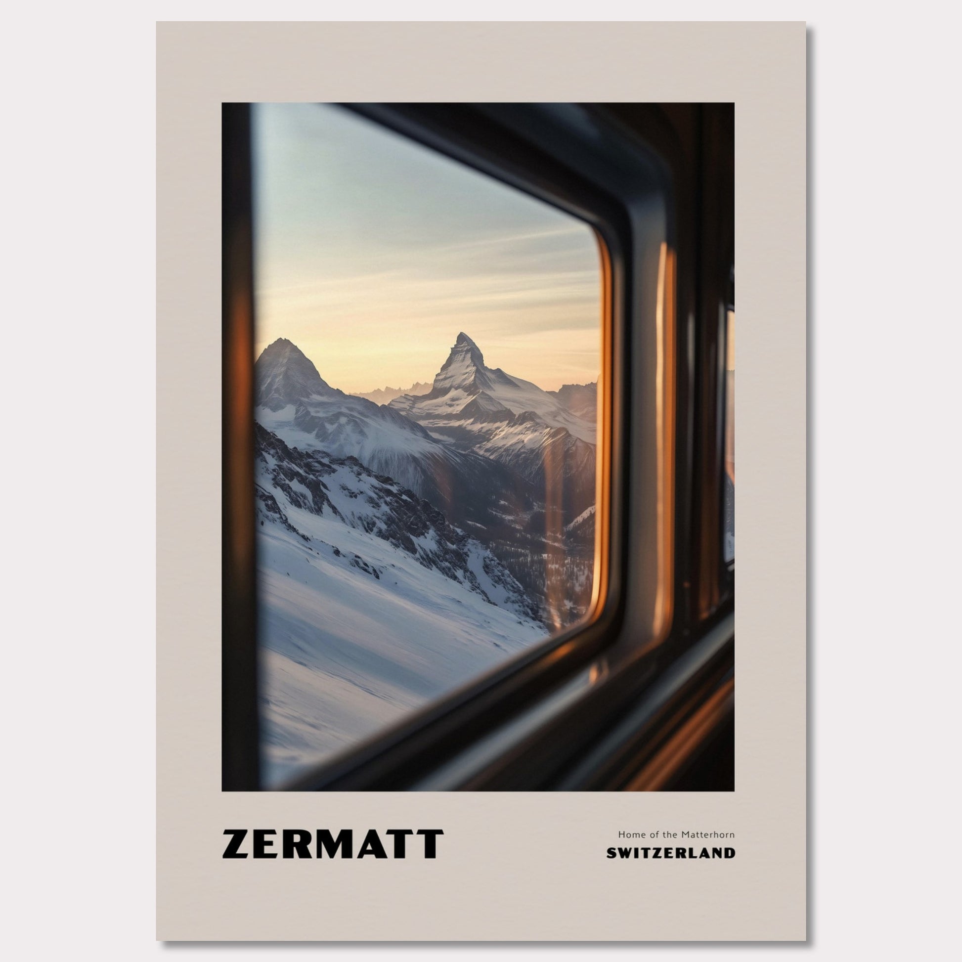 This poster features one of Switzerland’s most iconic symbols – the Matterhorn, proudly rising above the snowy slopes. The view from a train or gondola window creates a travel-like experience, while the soft sunset light adds an enchanting glow to the scenery.