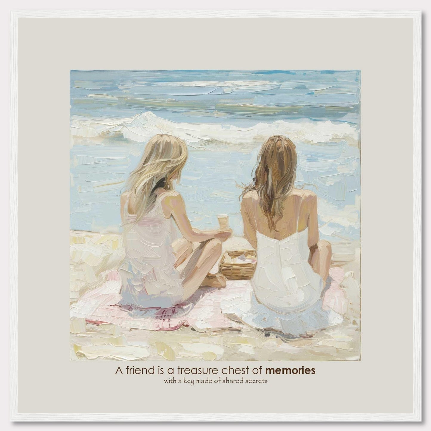 A beautiful painting depicts two women sitting on a beach, facing the ocean. They are engaged in a serene moment, perhaps sharing a conversation or simply enjoying the view. The scene evokes a sense of tranquility and deep friendship. The quote below the image reads, "A friend is a treasure chest of memories with a key made of shared secrets," highlighting the value of close companionship.