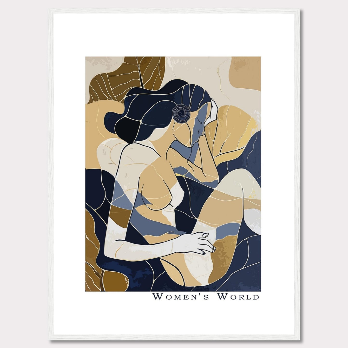 This is a contemporary art print titled "Women's World," featuring an abstract depiction of a woman in muted tones of blue, beige, and brown. The artwork is framed in a sleek black frame.