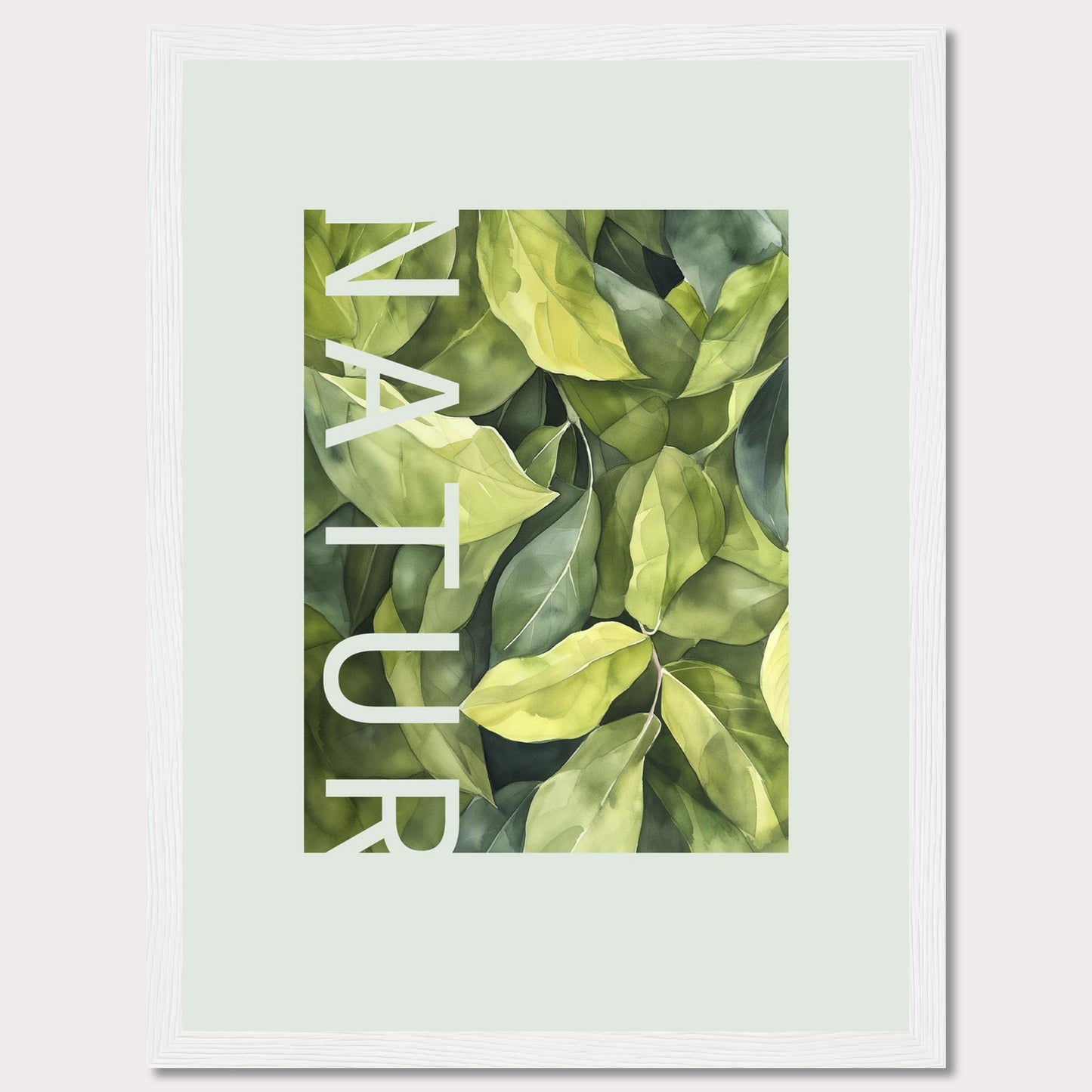 This beautiful framed artwork showcases a lush, green foliage design with the word "NATUR" elegantly integrated into the composition. The vibrant leaves create a refreshing and calming visual experience.