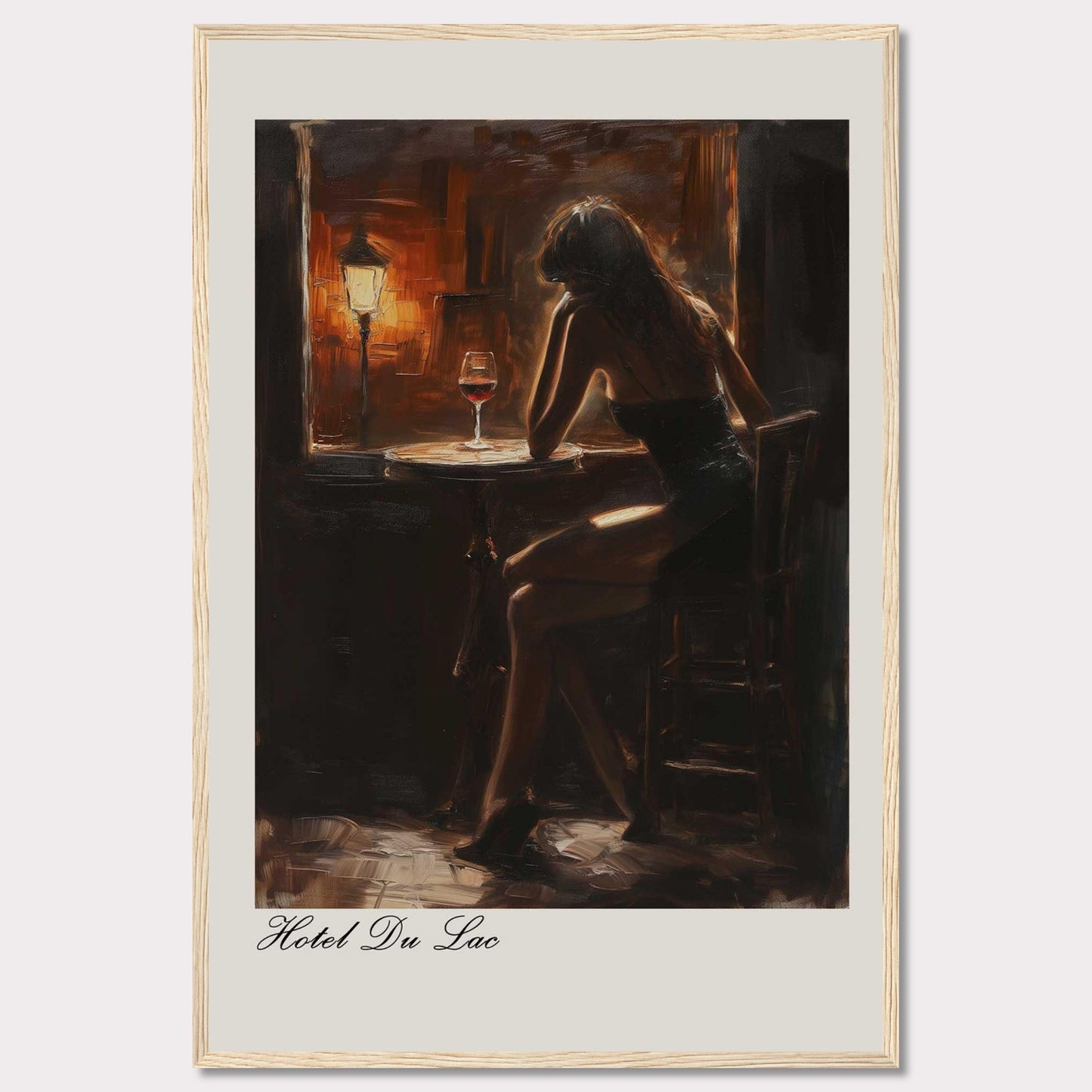 This evocative artwork captures a solitary moment in a dimly lit bar. A woman sits contemplatively at a small round table, illuminated by the warm glow of a nearby lamp. A glass of red wine rests on the table, adding to the intimate and reflective atmosphere. The painting is titled "Hotel Du Lac," suggesting a scene filled with stories and emotions.