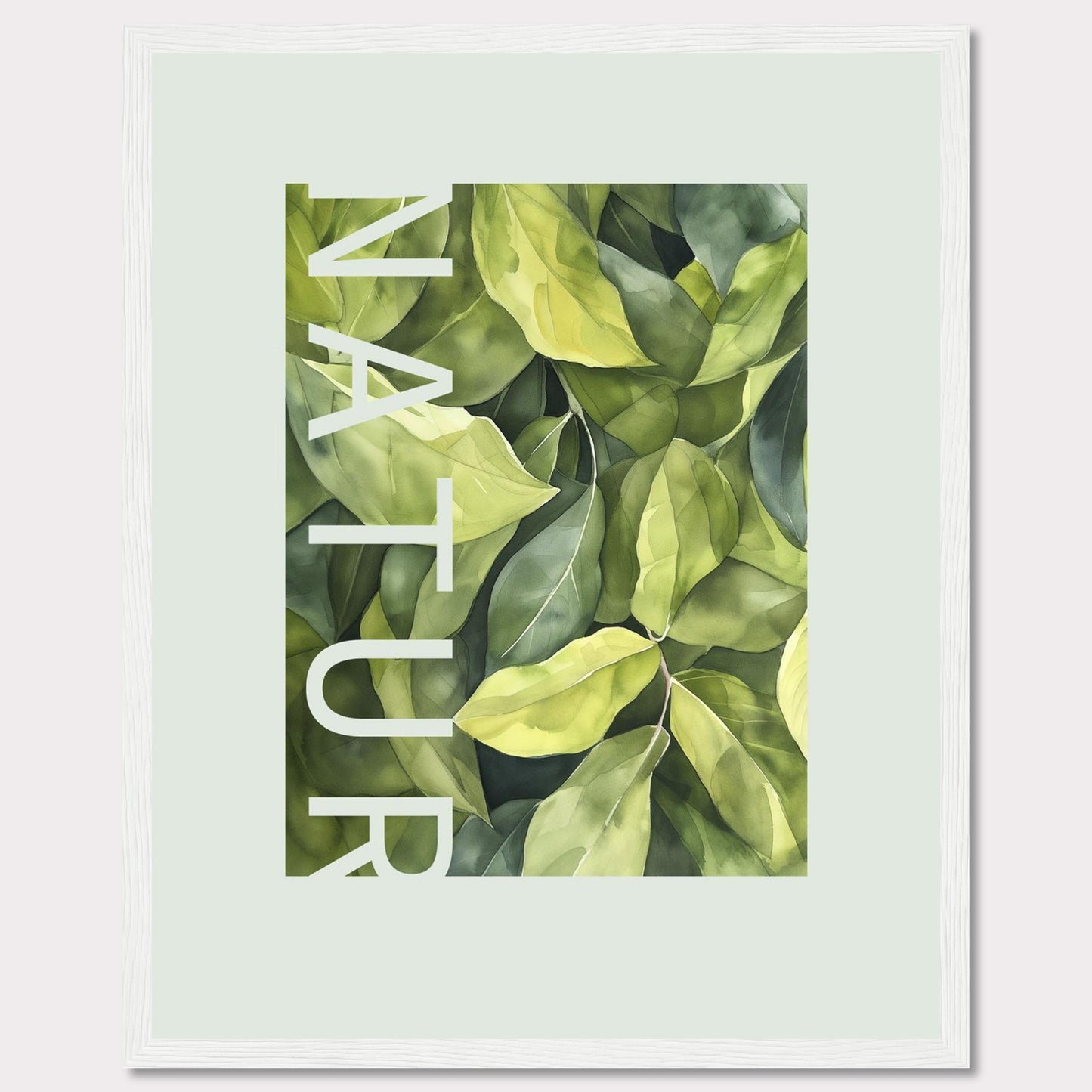 This beautiful framed artwork showcases a lush, green foliage design with the word "NATUR" elegantly integrated into the composition. The vibrant leaves create a refreshing and calming visual experience.