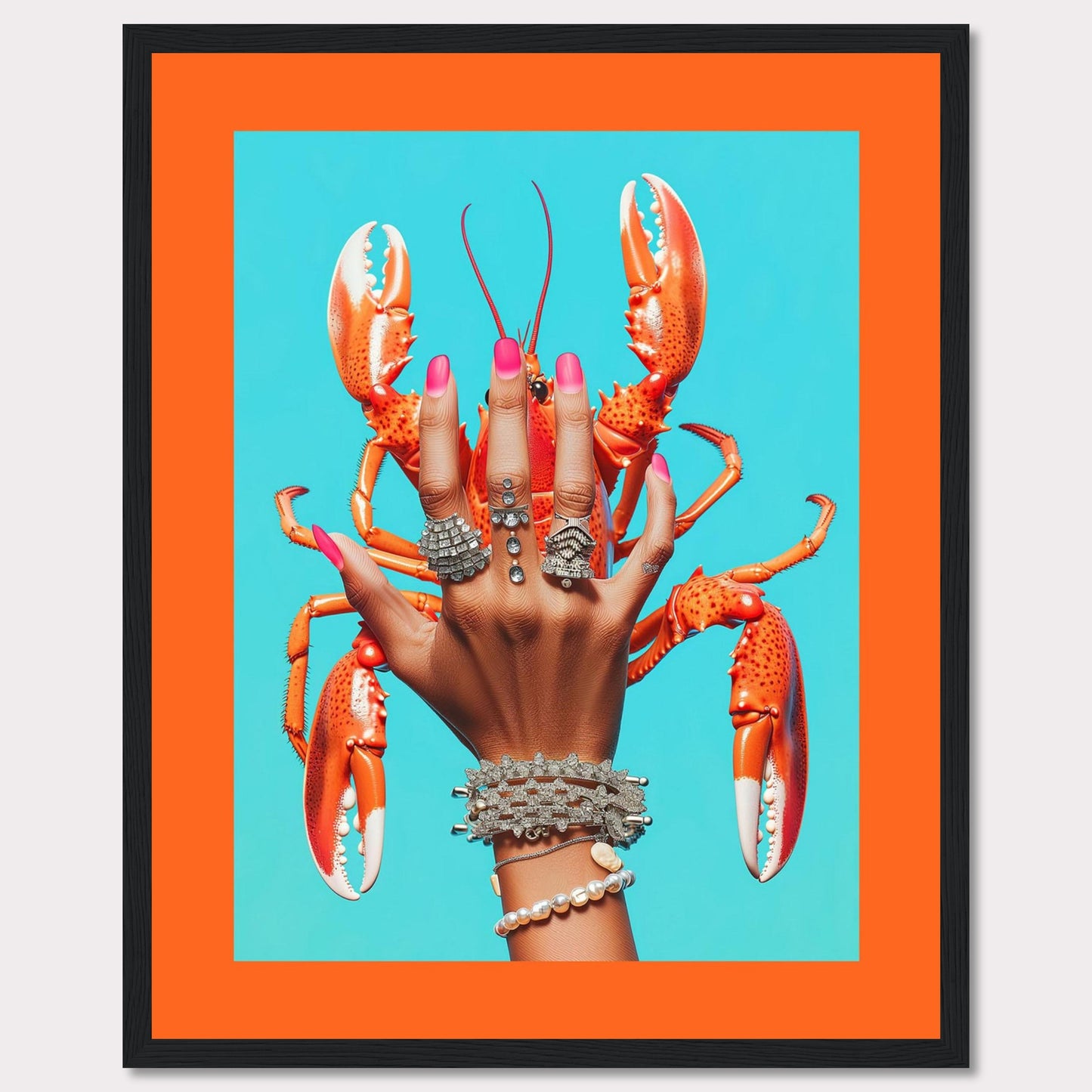 This vibrant and quirky artwork features a hand adorned with luxurious rings and bracelets, holding a bright orange lobster against a vivid blue background. The contrast between the bold colors and the intricate jewelry creates a striking visual impact.