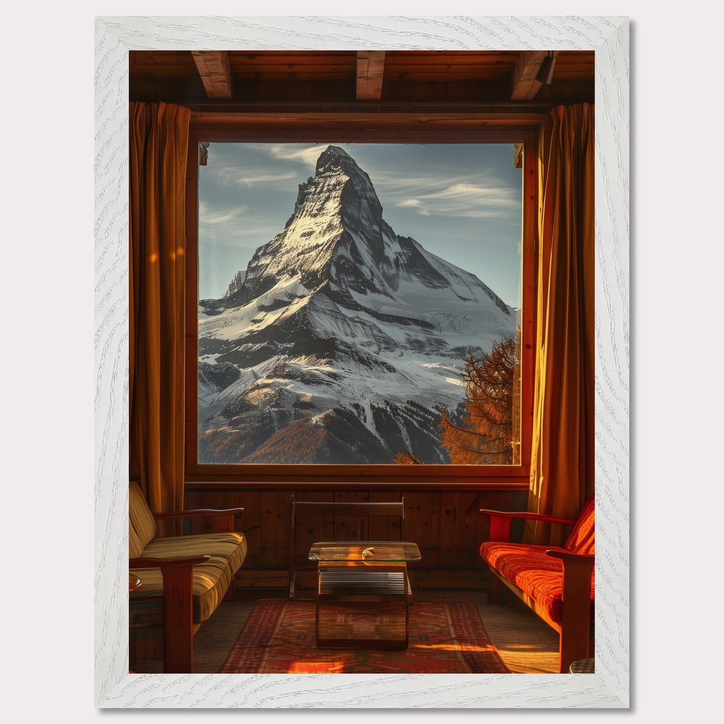 This stunning image captures a breathtaking view of a snow-capped mountain through a large window from a cozy wooden cabin. The warm interior contrasts beautifully with the majestic, cold mountain outside.