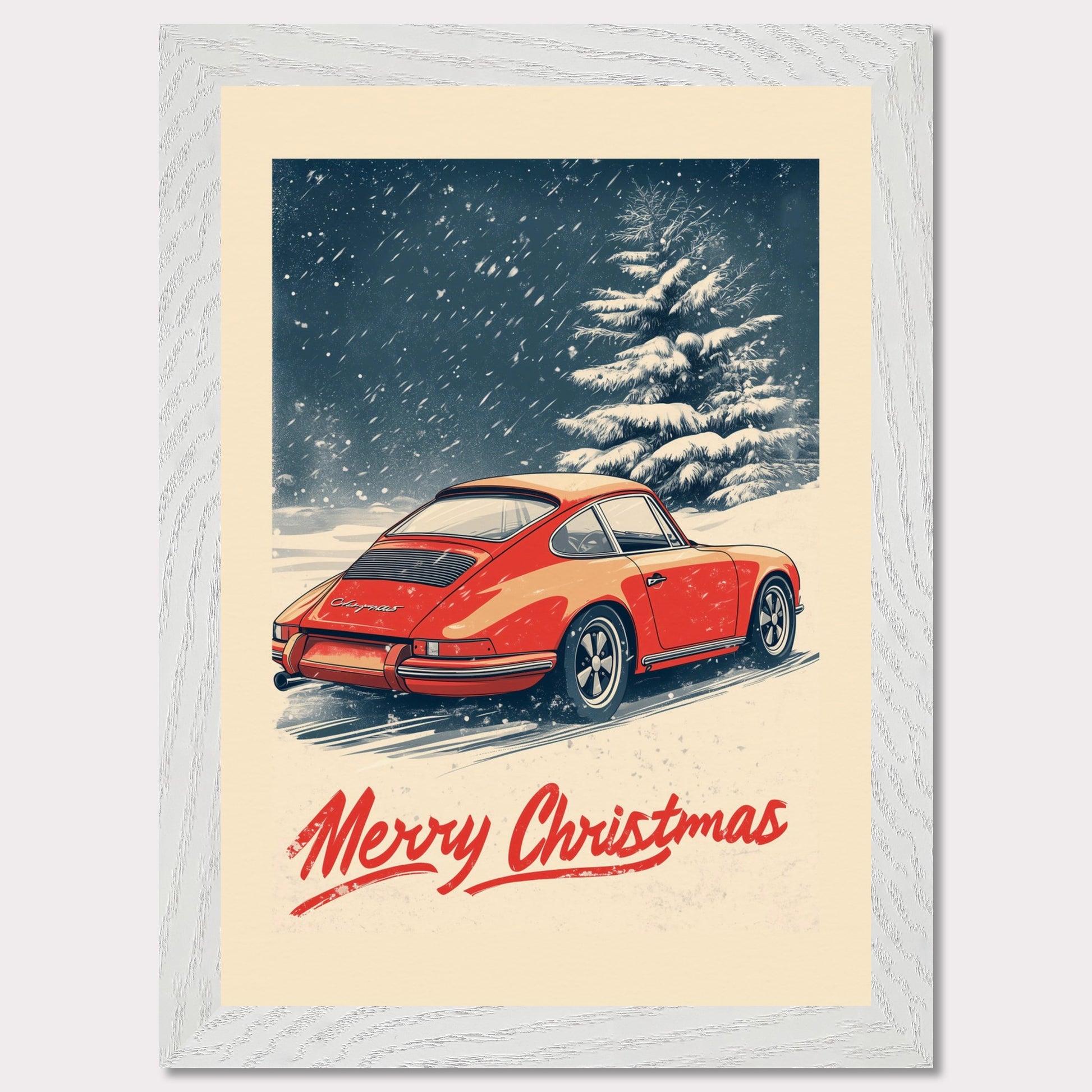 This nostalgic holiday poster features a striking red Porsche driving through a snow-covered landscape, with festive snowflakes gently falling around the scene. A snowy tree and soft winter hues create a cozy and festive atmosphere. The bold "Merry Christmas" typography adds an extra touch of holiday cheer, making it a perfect way to celebrate the season with a classic car enthusiast's touch.