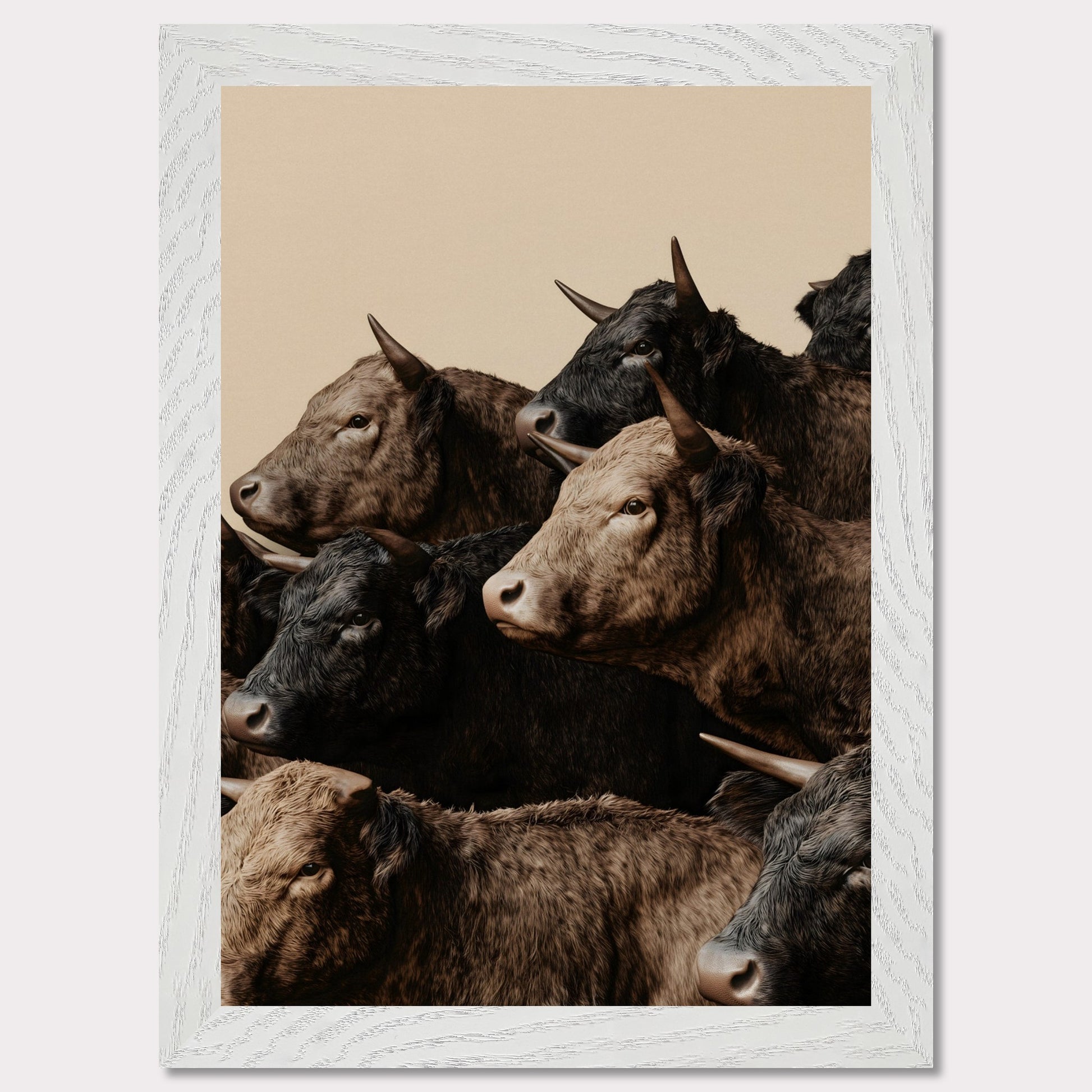 This illustration depicts a group of oxen with varying shades of brown and black fur, closely packed together against a plain beige background.

This poster will fit well in rustic or farmhouse-style interiors, animal-themed spaces, or art collections focusing on wildlife.