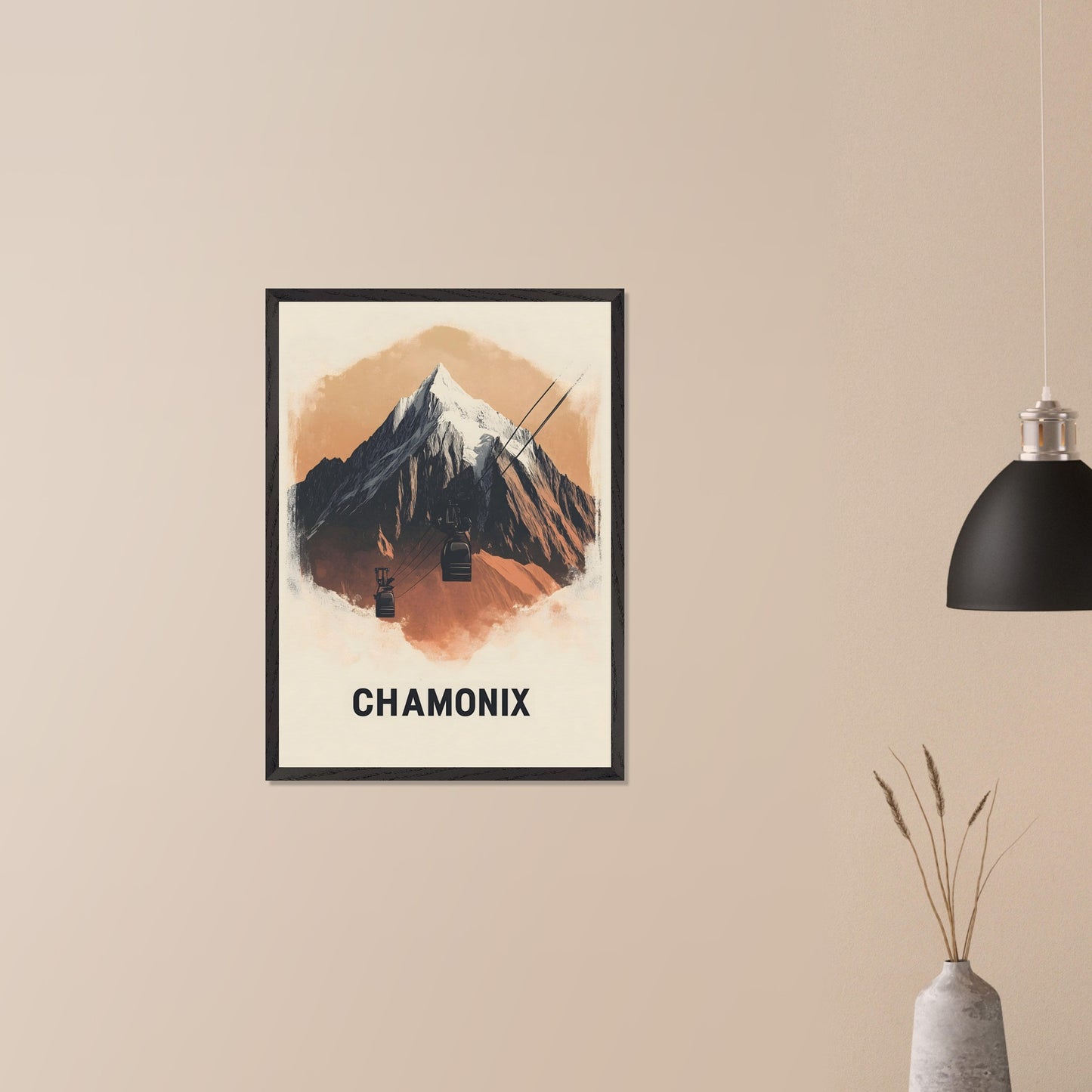 This minimalist poster artfully presents Chamonix, France, a legendary alpine destination known for its dramatic peaks and thrilling ski slopes. The sharp, stylized mountain silhouette contrasts beautifully with the soft sky, creating a bold yet harmonious composition. The subtle shading adds depth, bringing the grandeur of Mont Blanc to life.