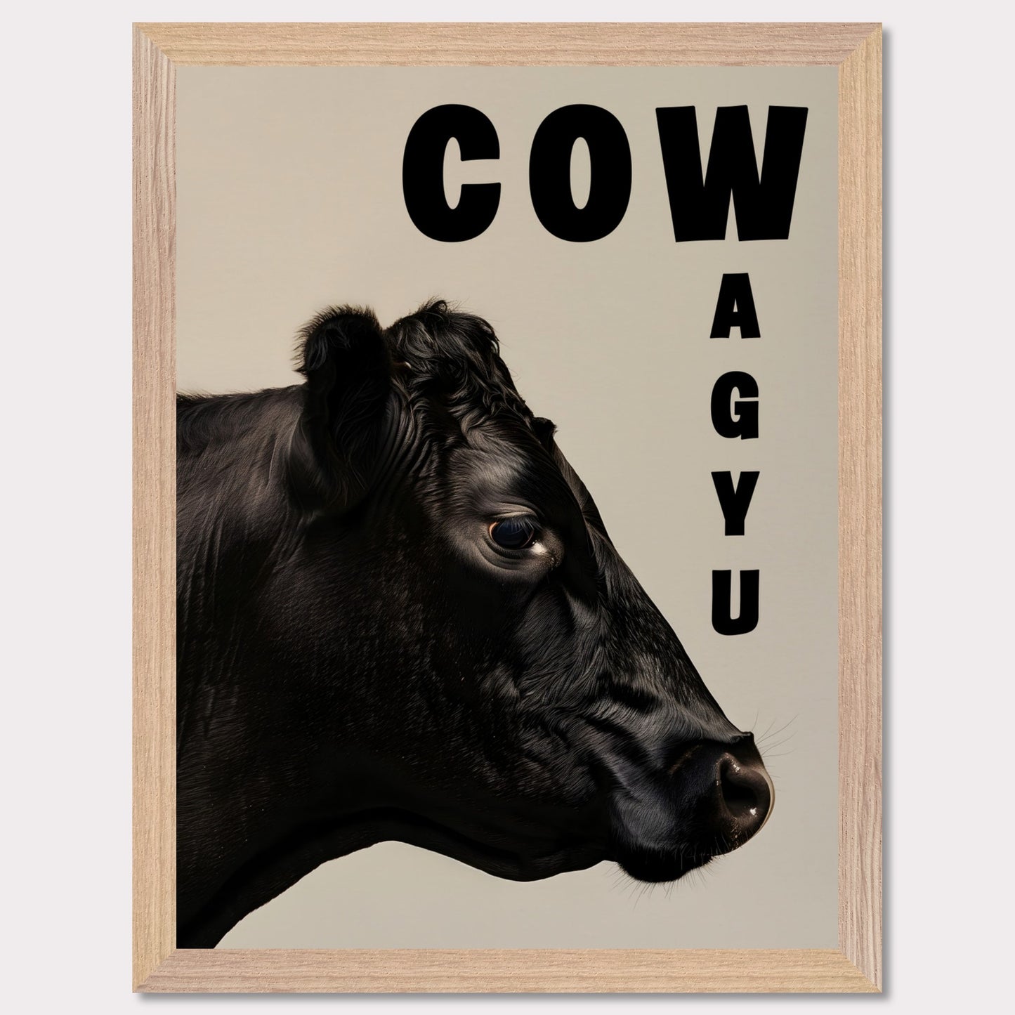 This image features a close-up profile of a black cow against a neutral background. The word "COW" is prominently displayed in bold black letters at the top, while the word "WAGYU" is arranged vertically on the right side.