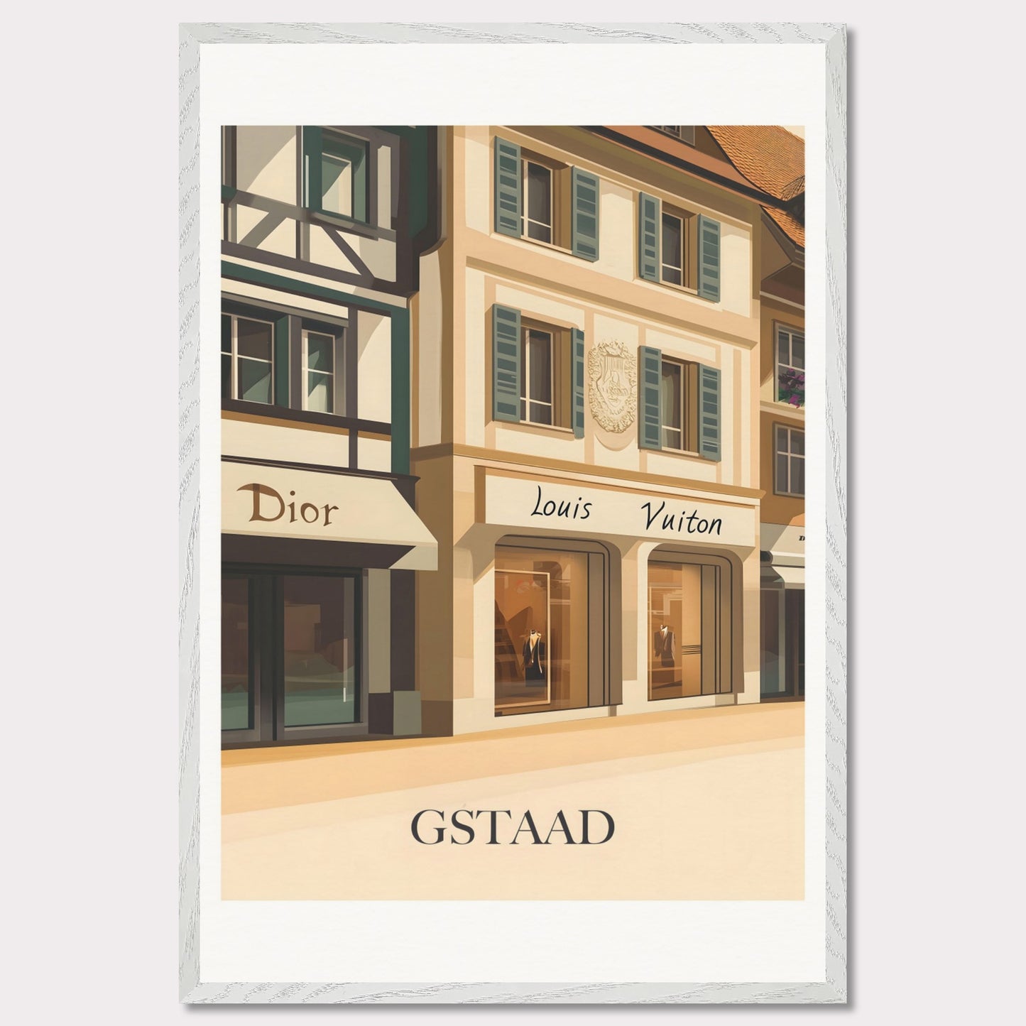 A beautifully illustrated poster showcasing Gstaad’s world-class shopping scene. The charming facades of Dior and Louis Vuitton boutiques reflect the town’s upscale ambiance.