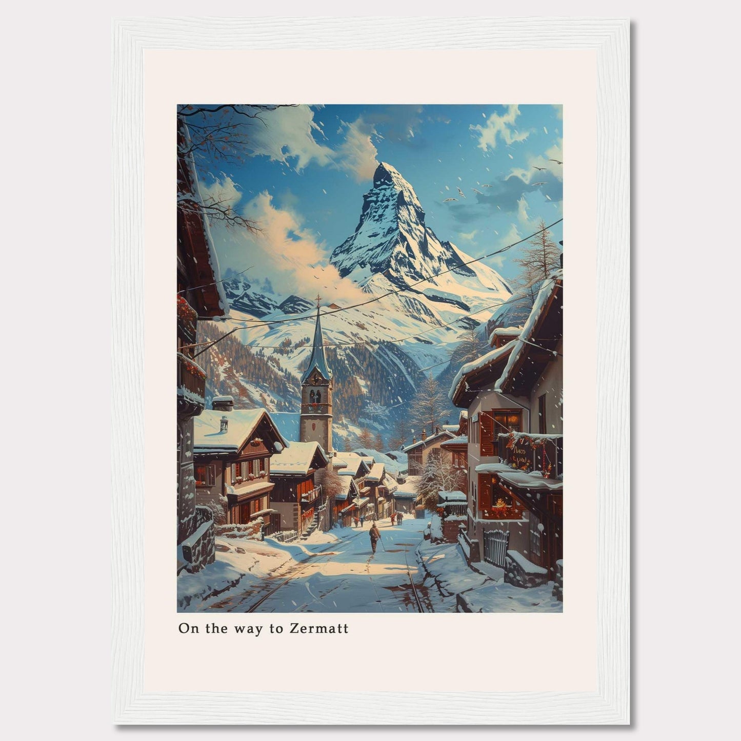 This beautiful artwork captures a serene winter scene on the way to Zermatt, featuring snow-covered rooftops and a majestic mountain in the background.