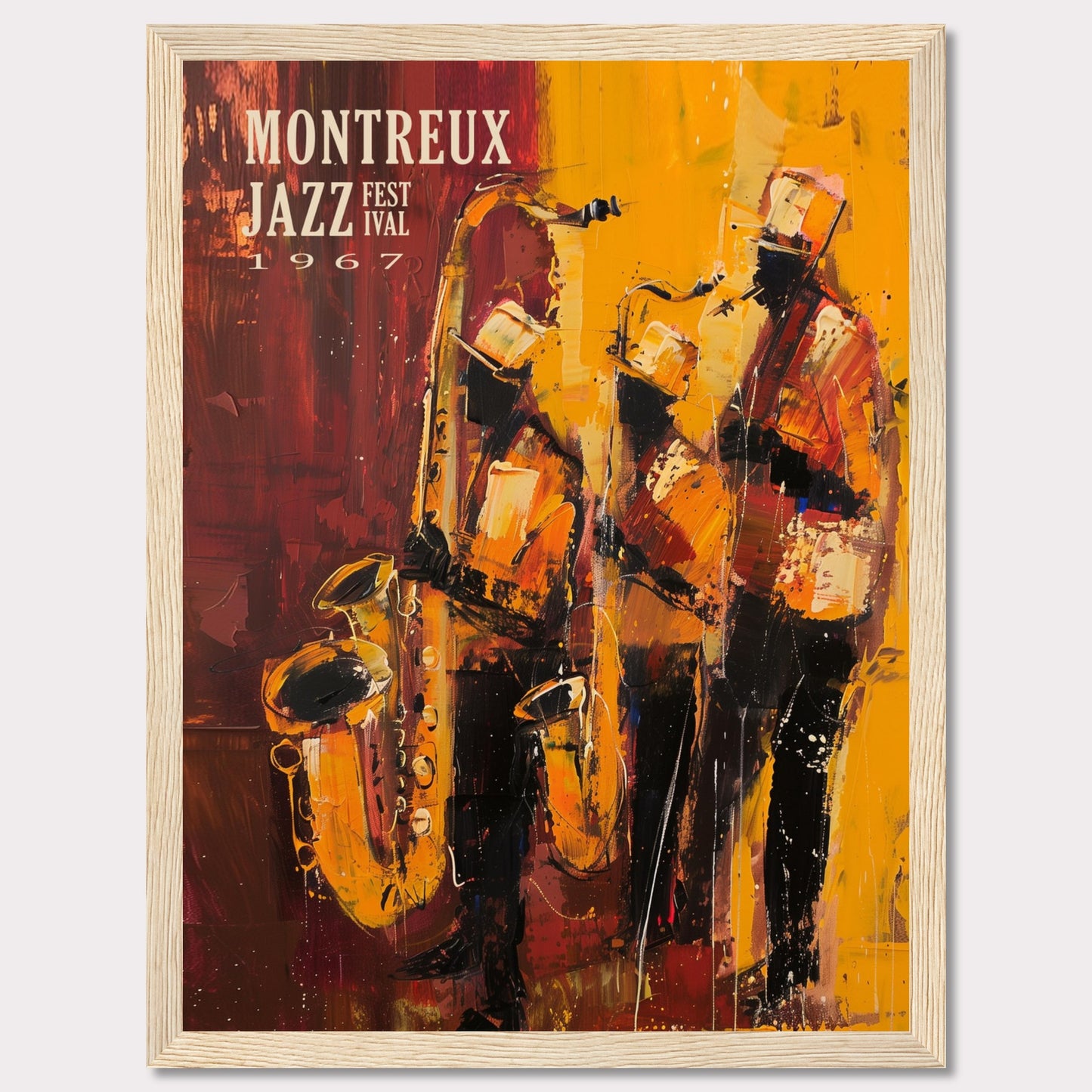 This vibrant art poster showcases the Montreux Jazz Festival from 1967. The artwork features an abstract depiction of three jazz musicians passionately playing their instruments, with rich hues of red, yellow, and orange capturing the dynamic energy of the performance.