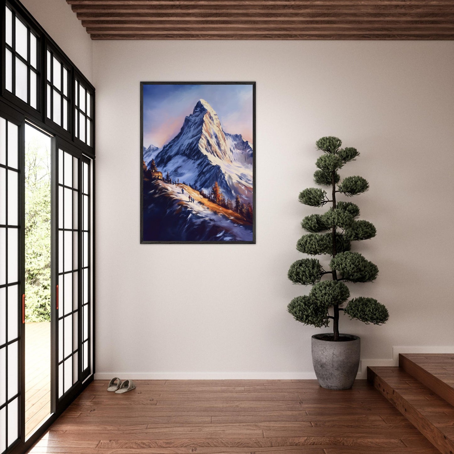 This atmospheric poster captures the awe-inspiring beauty of Zermatt, emphasizing the grandeur of the Matterhorn as it towers over a snow-dusted trail bathed in golden light. The soft, painterly style evokes a sense of tranquility and adventure, blending the rugged alpine landscape with the warmth of human activity.