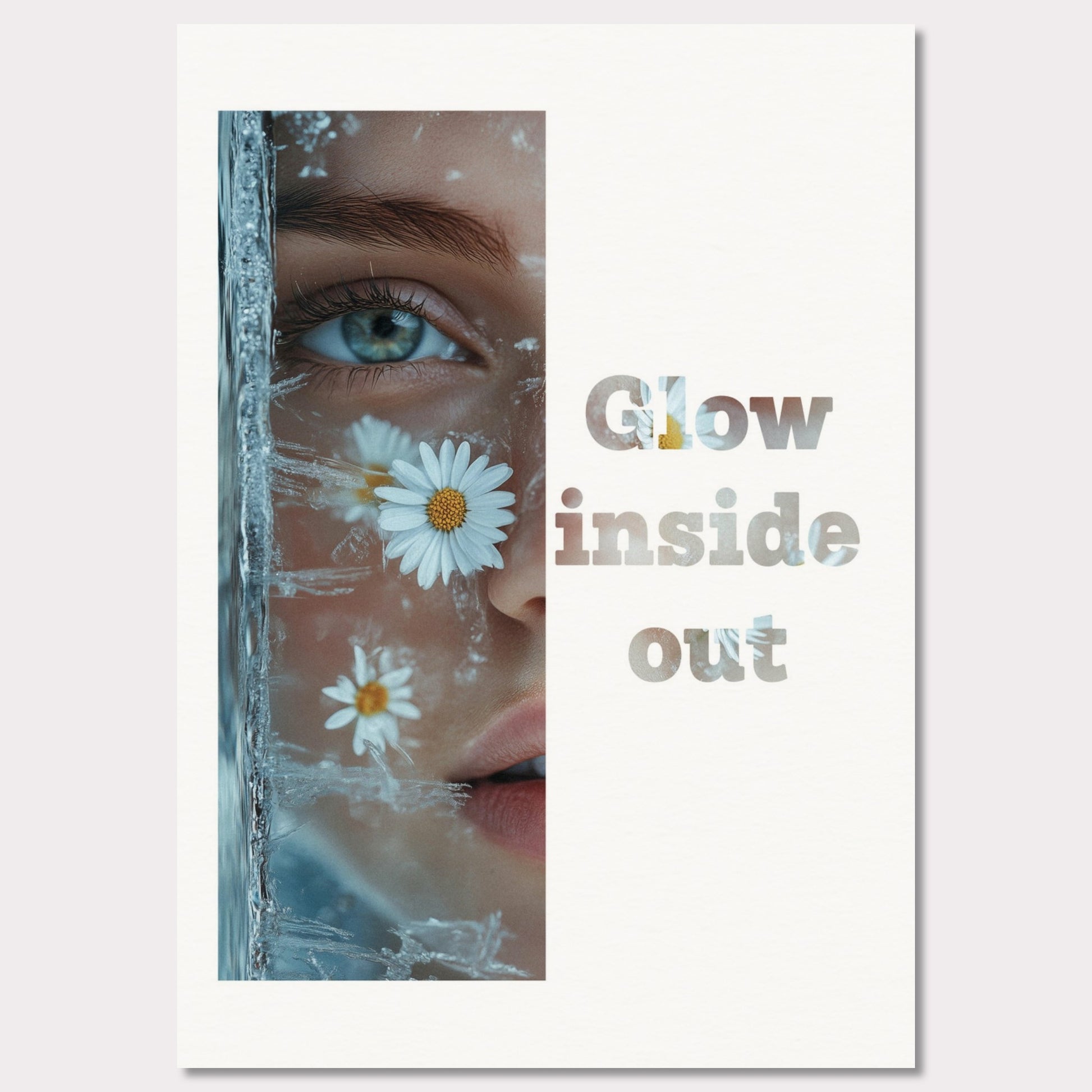 This illustration features a close-up of a person's face with daisies and ice crystals. The text "Glow inside out" is prominently displayed beside the image.

Where will this poster fit: Living room, bedroom, office, hallway, or studio.