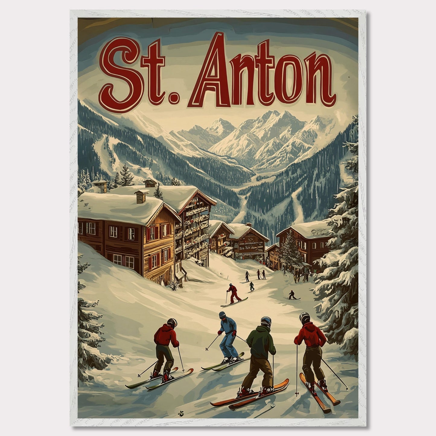 This stunning vintage-inspired poster depicts the idyllic town of St. Anton nestled beneath towering snow-capped peaks. The ski slopes are alive with activity, with skiers descending toward the charming wooden chalets. The warm hues in the sky add a sense of tranquility to the winter landscape, while the retro typography and art style transport the viewer to a time when winter holidays in the Alps were the height of elegance and adventure.