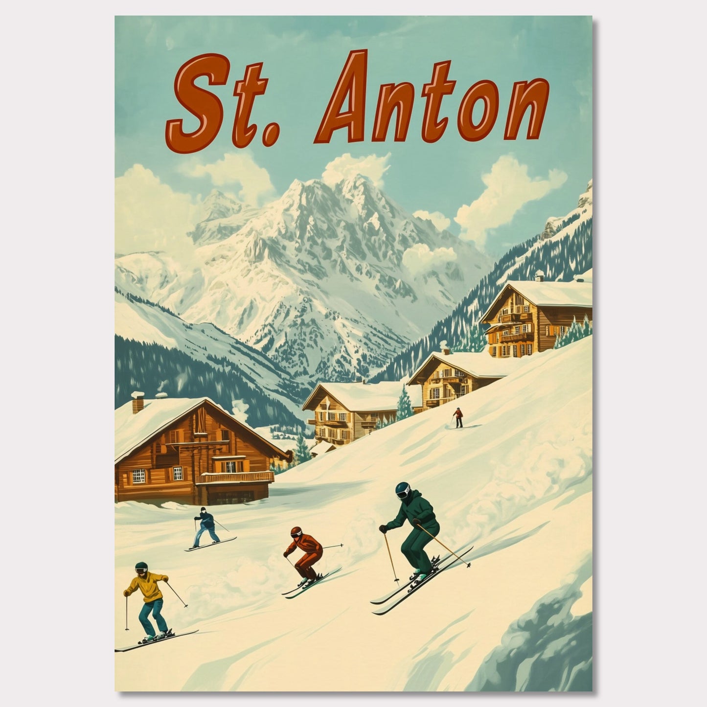 This vibrant retro-style poster captures the thrilling energy of skiing in St. Anton. The scene depicts skiers carving down the slopes, with picturesque alpine chalets nestled in the snow-covered hills and the majestic mountains towering in the background. The warm tones of the sky and the clean, crisp snow evoke the exhilarating experience of a winter sports haven. The bold retro typography adds a touch of nostalgia, perfectly highlighting the charm and adventure of St. Anton.