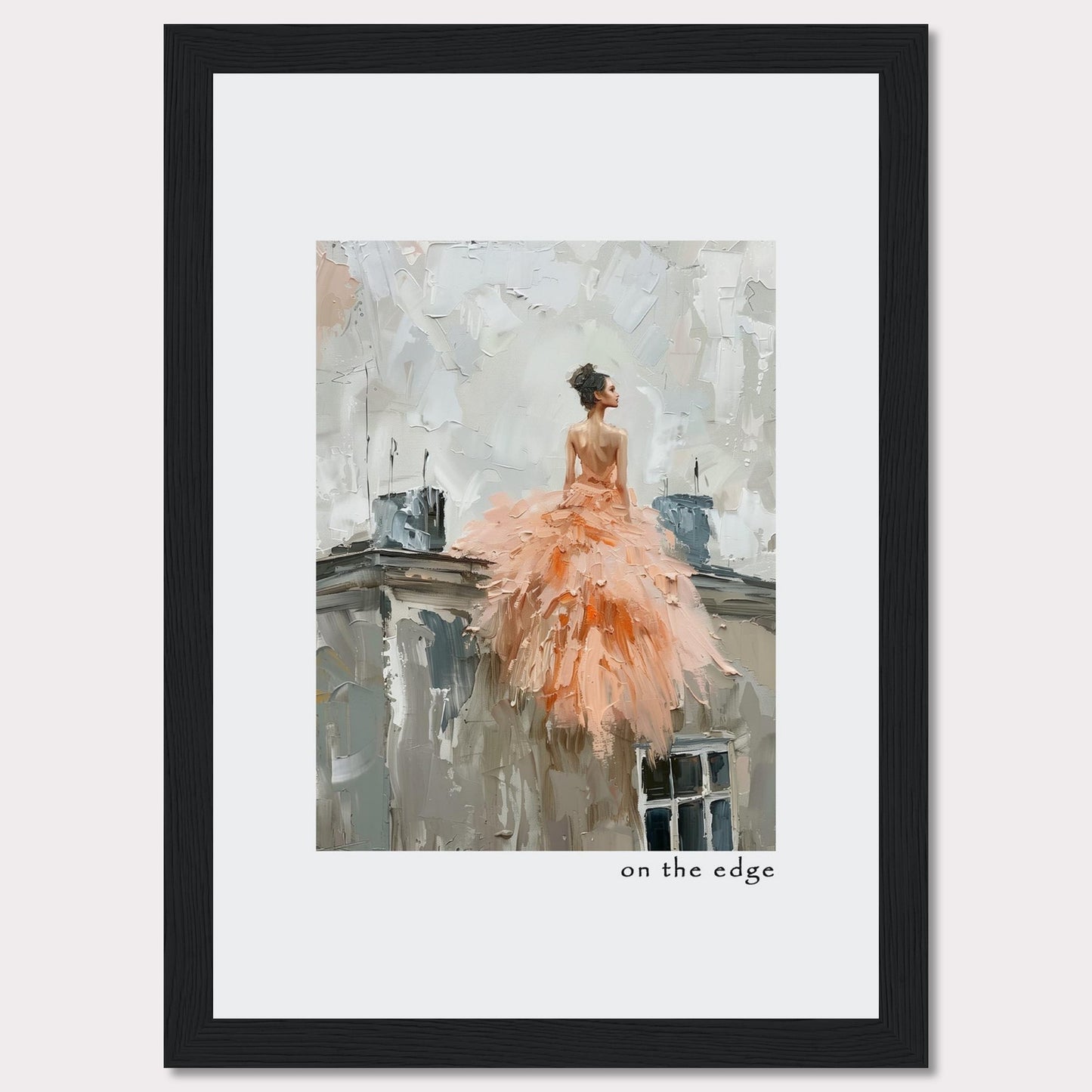 This captivating artwork depicts a woman in a flowing peach dress, standing on the edge of a rooftop. The painting's impressionistic style adds a dreamy, ethereal quality to the scene.